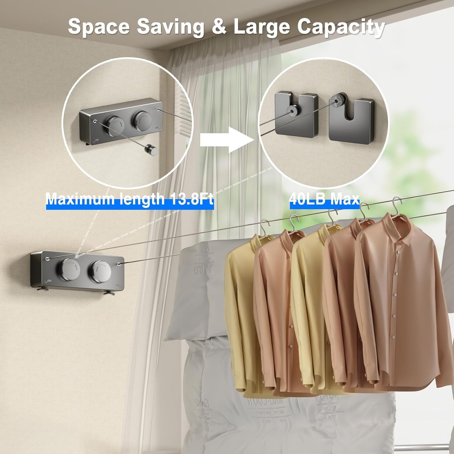 Retractable Twin Clothesline Indoor, Non-Sagging Outdoor Clothes Line Retracting Heavy Duty Clothes Drying Laundry Line Wall Mounted Stainless Steel Line-13.8Feets(Double Line-Gray)