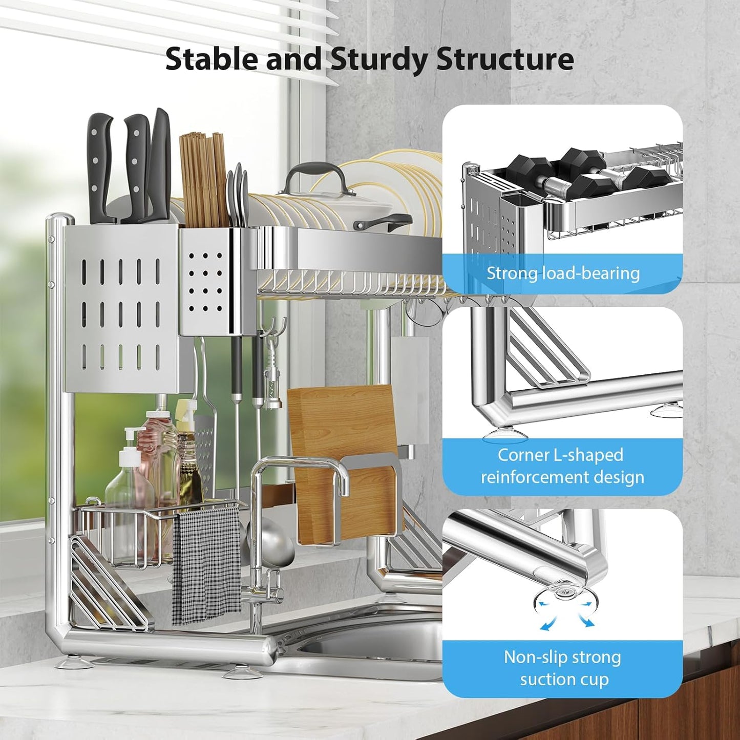 Over The Sink Dish Drainer Drying Rack, 2 Tier Adjustable Width (20.87'' to 37.6'') 304 Stainless Steel Large Over Sink Dish Drying Rack for Kitchen Counter Organizer, (Silver)