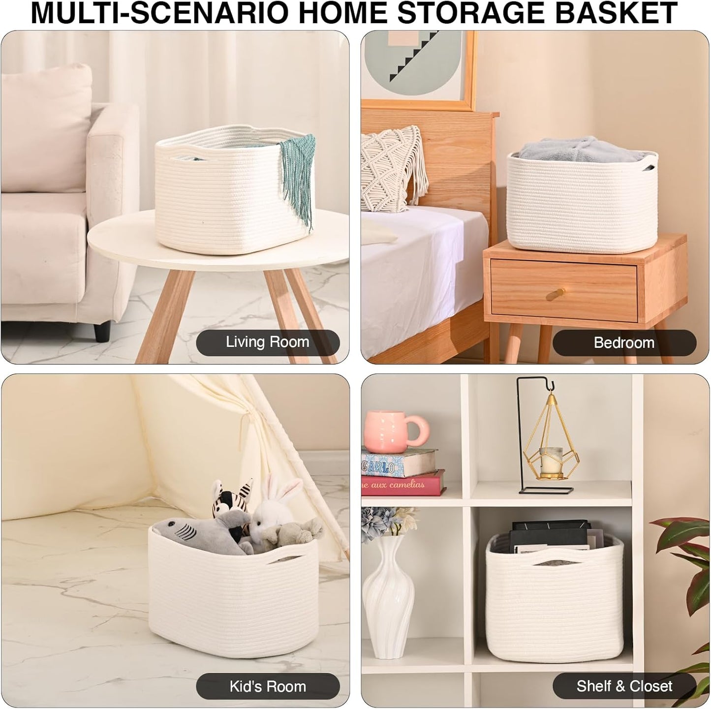 Woven Cotton Rope Storage Basket for Organizing, Cute Decorative Baskets for Gifts Empty, Organizer Bins for Dog Toy, Baby Laundry, 15“×11”×9.5“, Off White