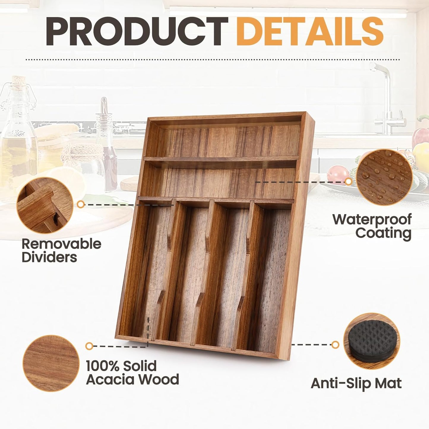 Acacia Wood Silverware Drawer Organizer, 12 Inch Adjustable Cutlery Tray for Kitchen Utensils, Silverware Flatware Storage Box with 5 Detachable Dividers (6-Compartment)