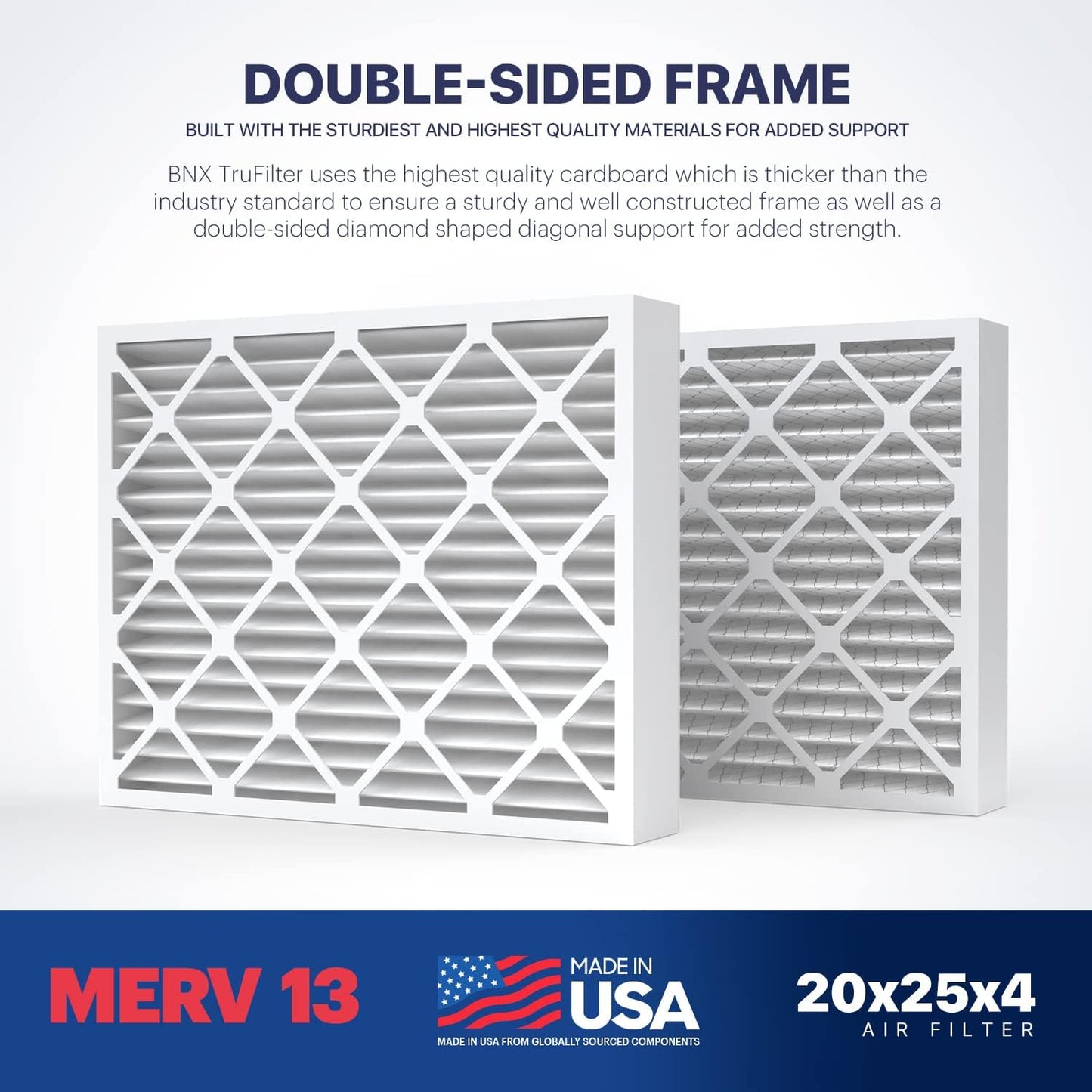 BNX TruFilter 16x25x4 (15.5’’ x 24.5’’ x 3.63‘’ Slim Fit) MERV 13 Air Filter (2-Pack) - MADE IN USA - Air Conditioner HVAC AC Furnace Filters Health, Allergies, Mold, Bacteria, Smoke, MPR 1900 FPR 10