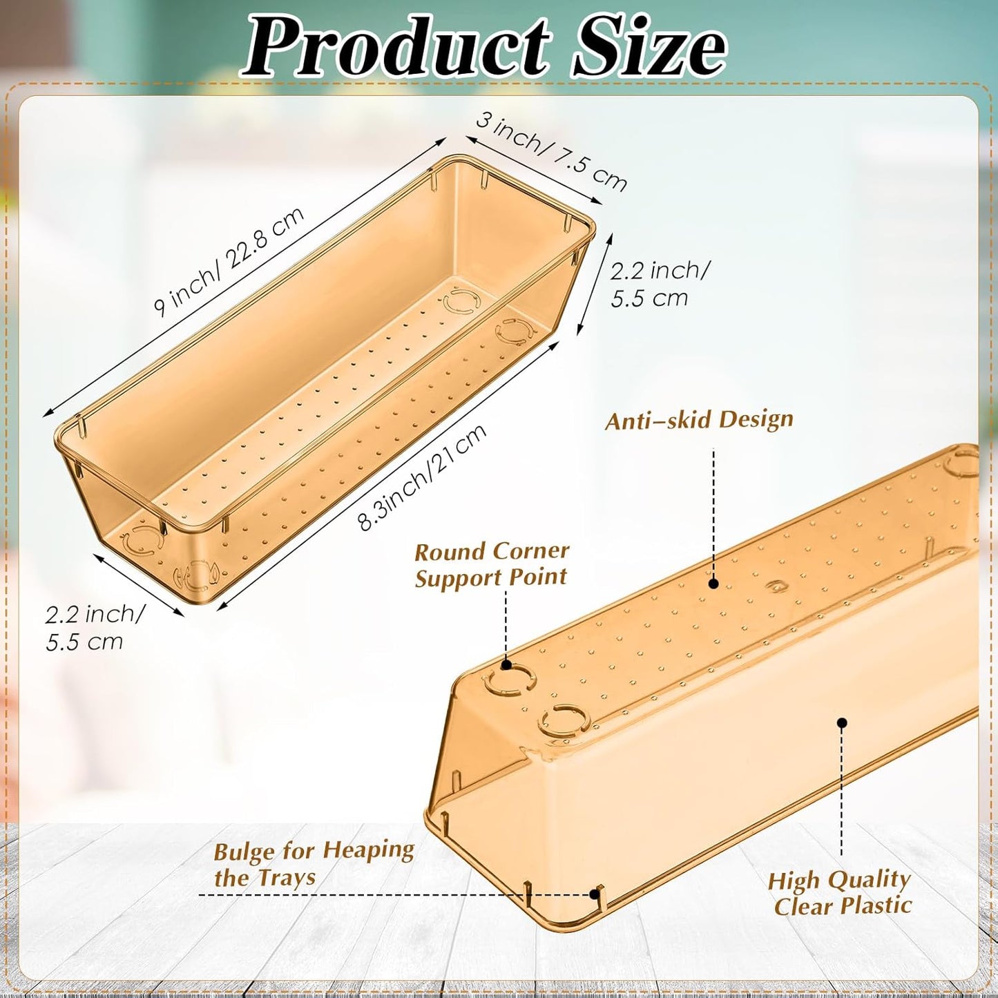 Maitys 12 Pcs Vanity Drawer Organizer 9 x 3 x 2 Inches Clear Plastic Utensil Organizers Kitchen Drawers Dividers for Office Desk Silverware Kitchen Utensils Cosmetics and Bathrooms(Champagne)