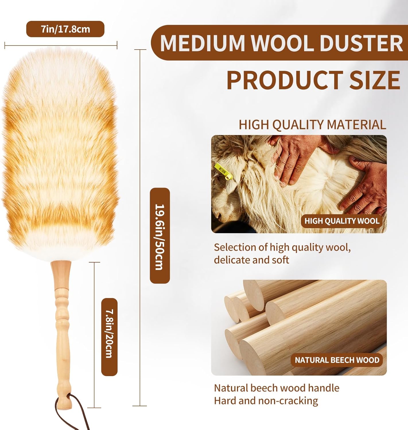 Lambswool Duster for Cleaning with Solid Wooden Handle Leather Hang Strap 19.6 inch Natural Feather Duster for Cleaning Ceiling Fans Window Blinds Computer Furniture(2 Pack)