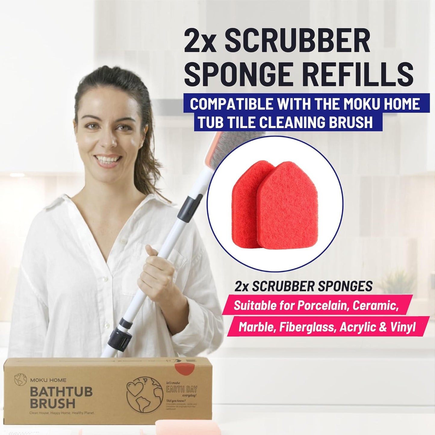 Replacement Scrubber Refill for Moku Home Extendable Tub Tile Shower Brush for Cleaning Non-Scratch (2X Scrubber Sponge Red)
