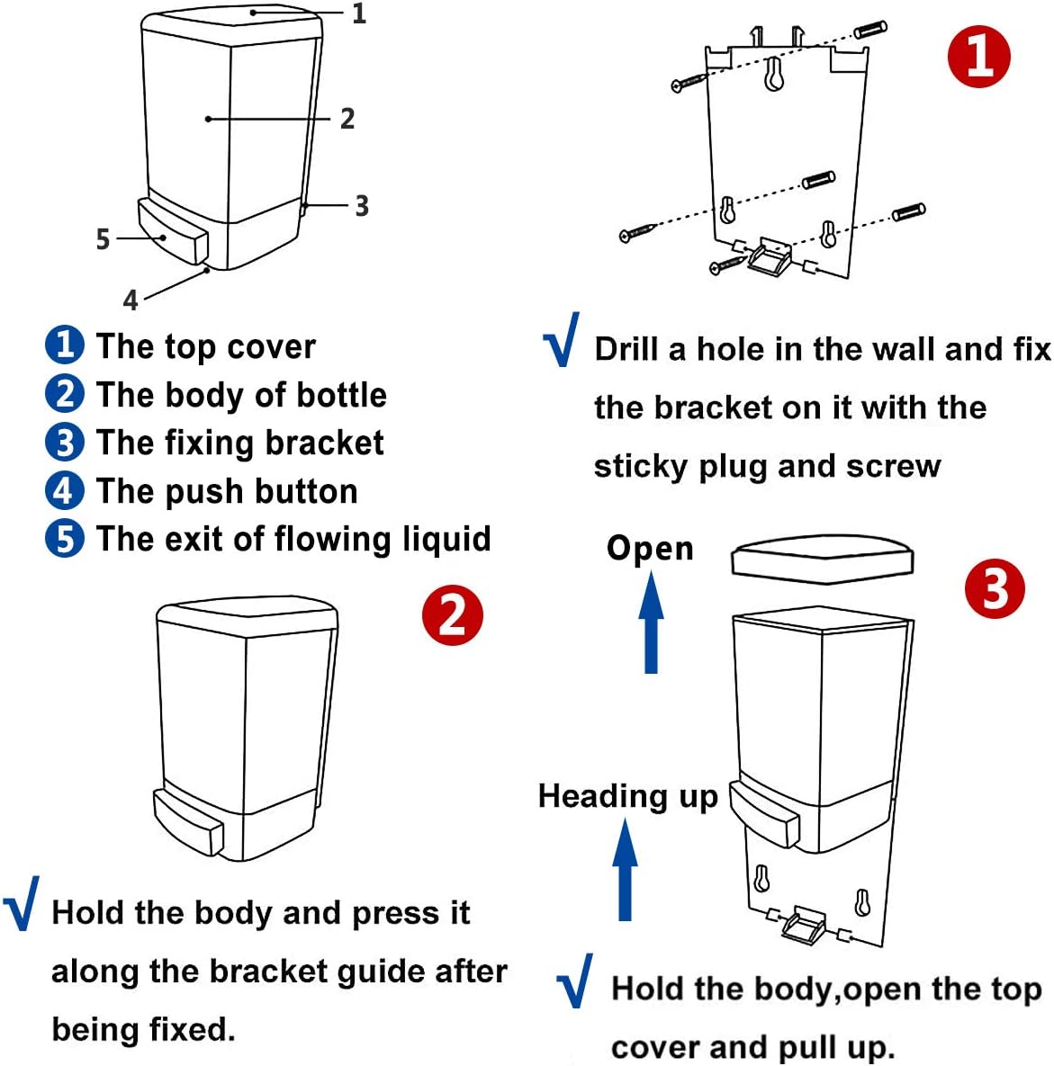 Manual Soap Dispenser 33.8oz / 1000ml Kitchen Bathroom Wall Mounted Commercial Soap Dispenser for Liquid Containers Shampoo Gel Chamber Hotel Restaurant