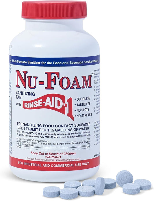 Nu-Foam Sanitizing Tablets for Bar Glassware – Superior Rinse Aid - Hand Washing Bar, Tavern, Brewery Supplies - Spotless Serving Glasses - Professional-Grade Glass Sanitation - 100 Tablets/600 Quarts