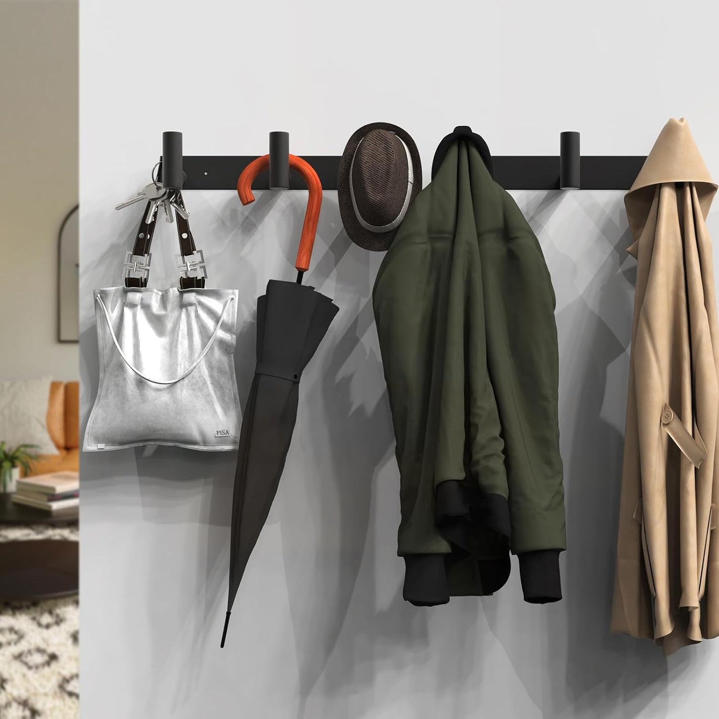 VAEHOLD Black Hat and Coat Wall Mount Rack - 3 Hooks for Robes, Bags, Keys, and Towels - Bathroom Towel Hanger Organizer (2 Pack)