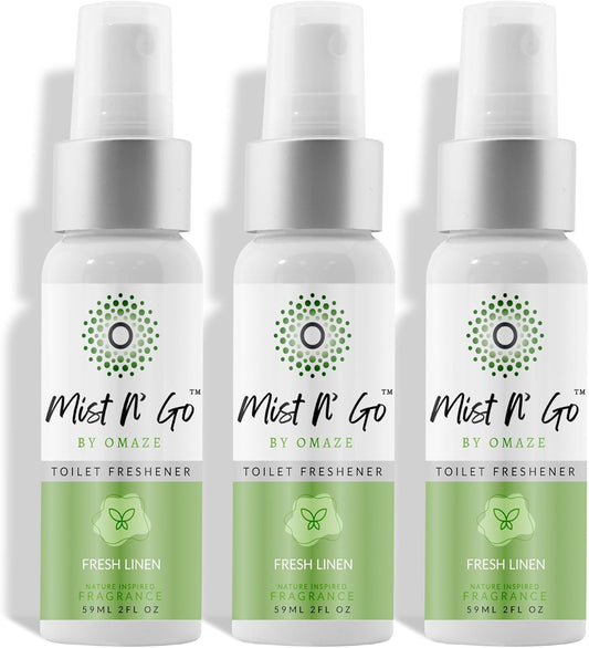 Mist N’ Go by Omaze Travel Bathroom Spray for Toilet Spray Odor Eliminator - Travel Toilet Spray for Bathroom Air Freshener Spray for Bathroom Deodorizer - Fresh Linen Regular Size (2oz x3)