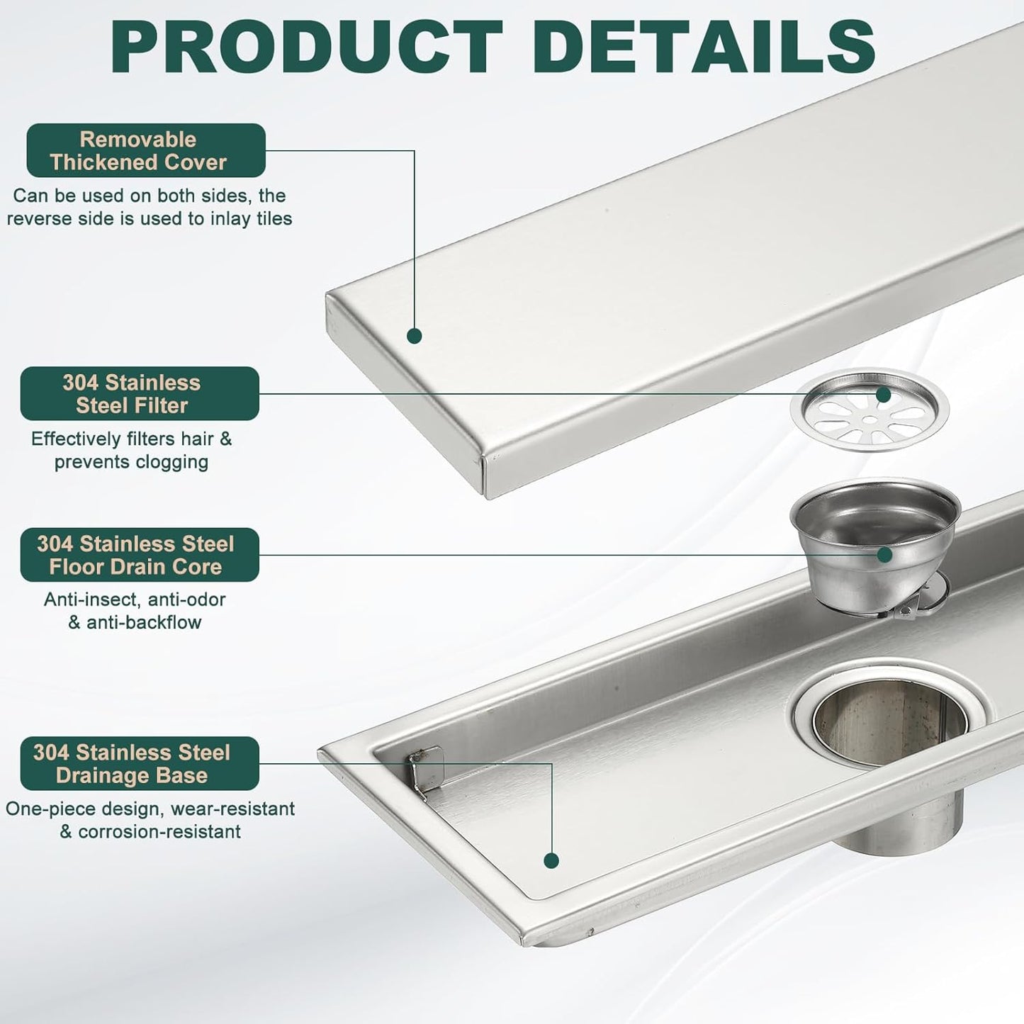 uxcell Rectangular Shower Drain, Brushed 304 Stainless Steel Odor-Proof Floor Drain Linear Shower Drain Hair Catcher for Bathroom Kitchen and Laundry Room(12 Inch, Brushed Silver)