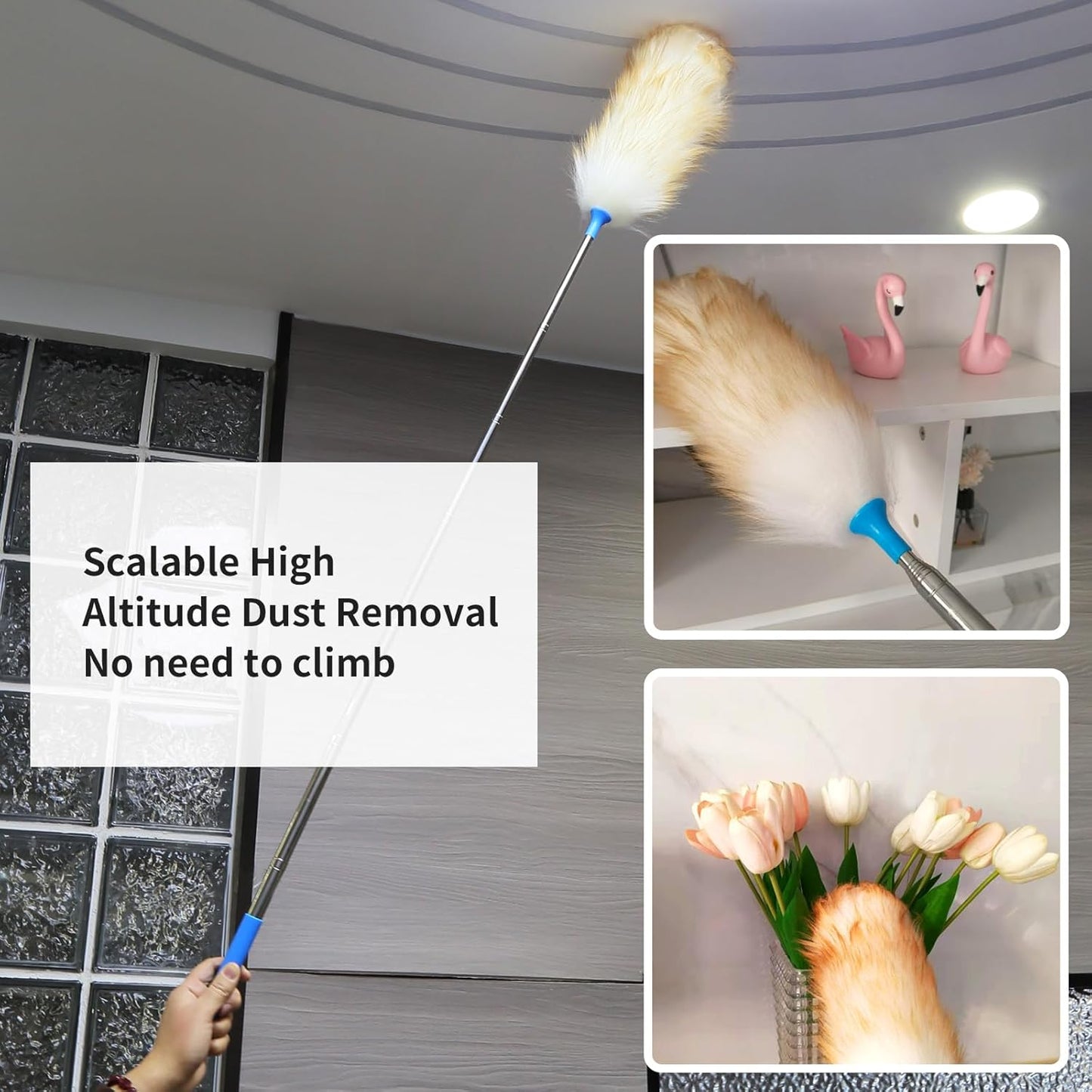 Wool Lambswool Extendable Cleaning Brush Duster 21.2-51.2in,Anti-Static with Stainless Steel Extension Pole,Comfortable Grips,for Office,Home,Car,Piano,Guitar and Other Stringed Instruments