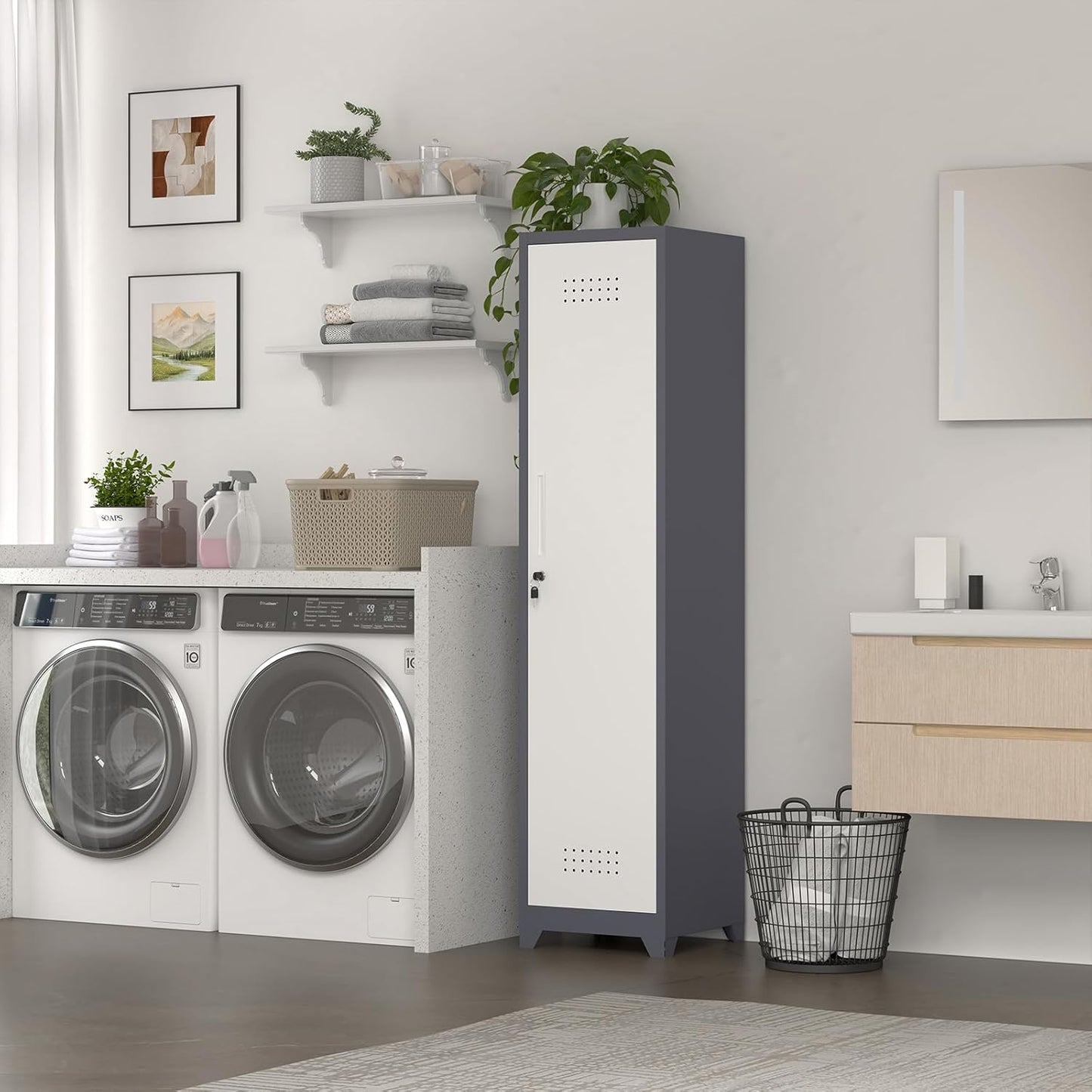 Metal Broom Storage Cabinets, Narrow Cabinet with Hooks, 65" Slim Bathroom Storage Cabinet with Shelves, Heavy-Duty Cleaning Cabinets for Utility Room, Gym, Office, Garage