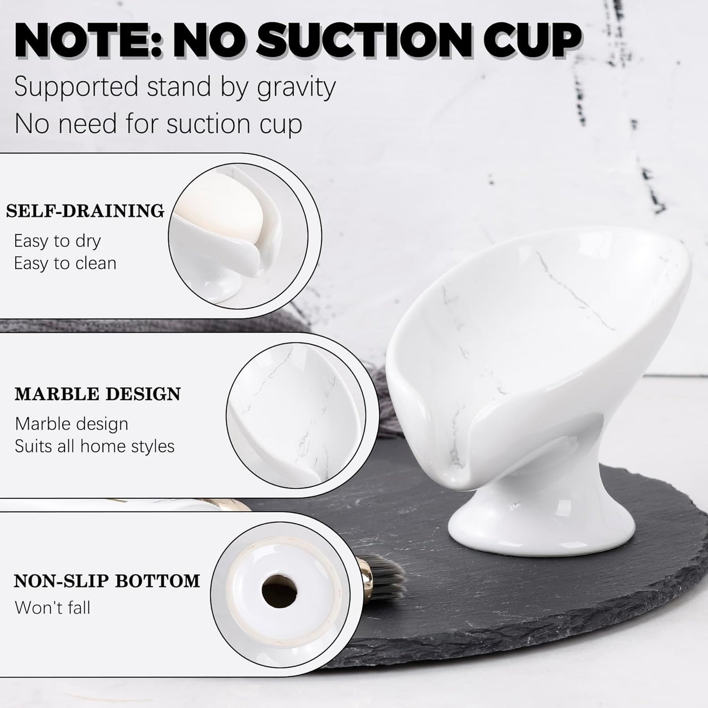 Soap Dish Set, Self Draining Bar Soap Holder for Bathroom Sink, Leaf Shaped Drainage Soap Dish Ceramic Marble Porcelain Decorative Soap Dishes 2PCS, No Suction Cup, ANTIS'S HOME