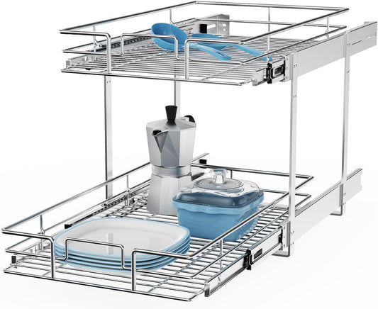 ROOMTEC Individual Pull Out Cabinet Organizer (14" W x 18" D), 2 Tier Spice Rack Organizer for Cabinet, Slide Out Drawer Pantry Shelf Organization and Storage for Kitchen Bathroom