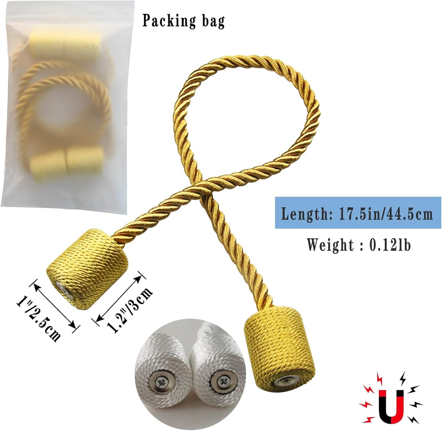 Magnetic Curtain Tiebacks 6 Pack Gold Curtain Rope Tieback Curtain Holders for Drapes Modern Tie Backs Decorative Curtain Holdbacks