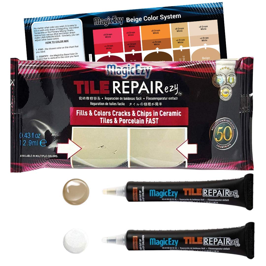 MagicEzy Tile Repairezy - (Beige/White Kit) Ceramic Floor Tile Repair Kit - Super Strong Tile Gap Filler - Fix Cracks, Chips, Holes Fast.