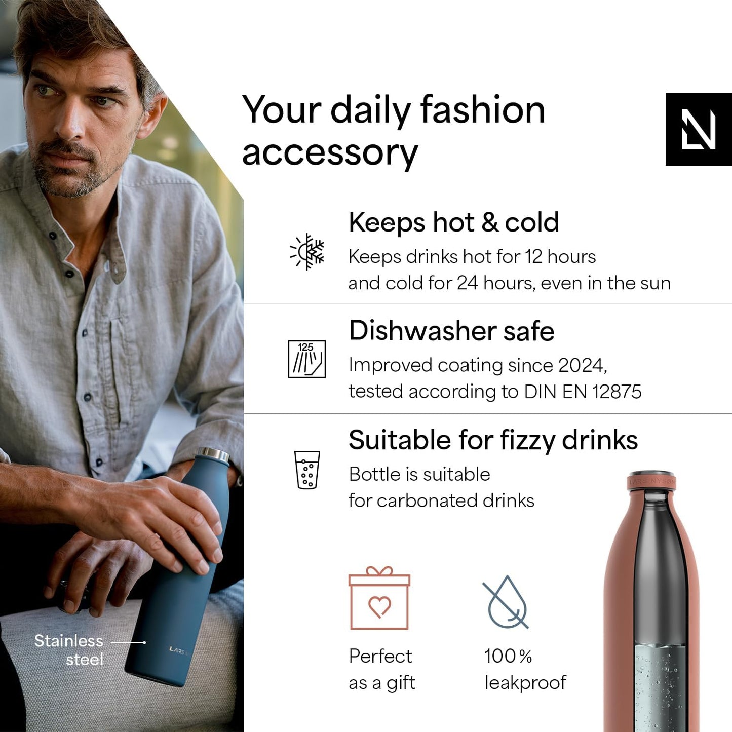 LARS NYSØM Stainless Steel Insulated XL Water Bottle 12oz 17oz 25oz 34oz 51oz | Insulated Thermo Flask for Hot and Cold Beverages | Leakproof Drinking Bottle (Brick Red, 50.7 oz)