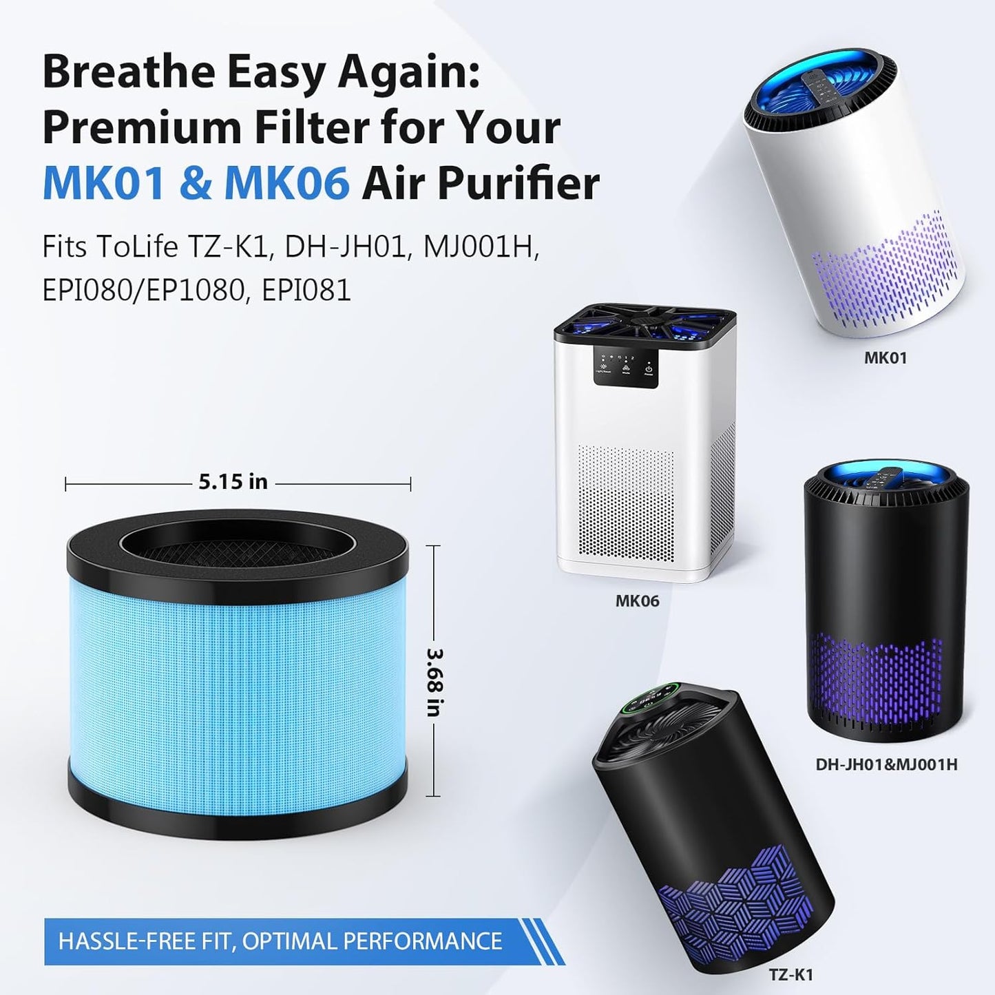 3 Pack MK01 MK06 Air Filter Replacement Compatible with Aroeve MK01, MK06, ToLife TZ-K1 and Kloudi DH-JH01 Air Purifier, Standard Version