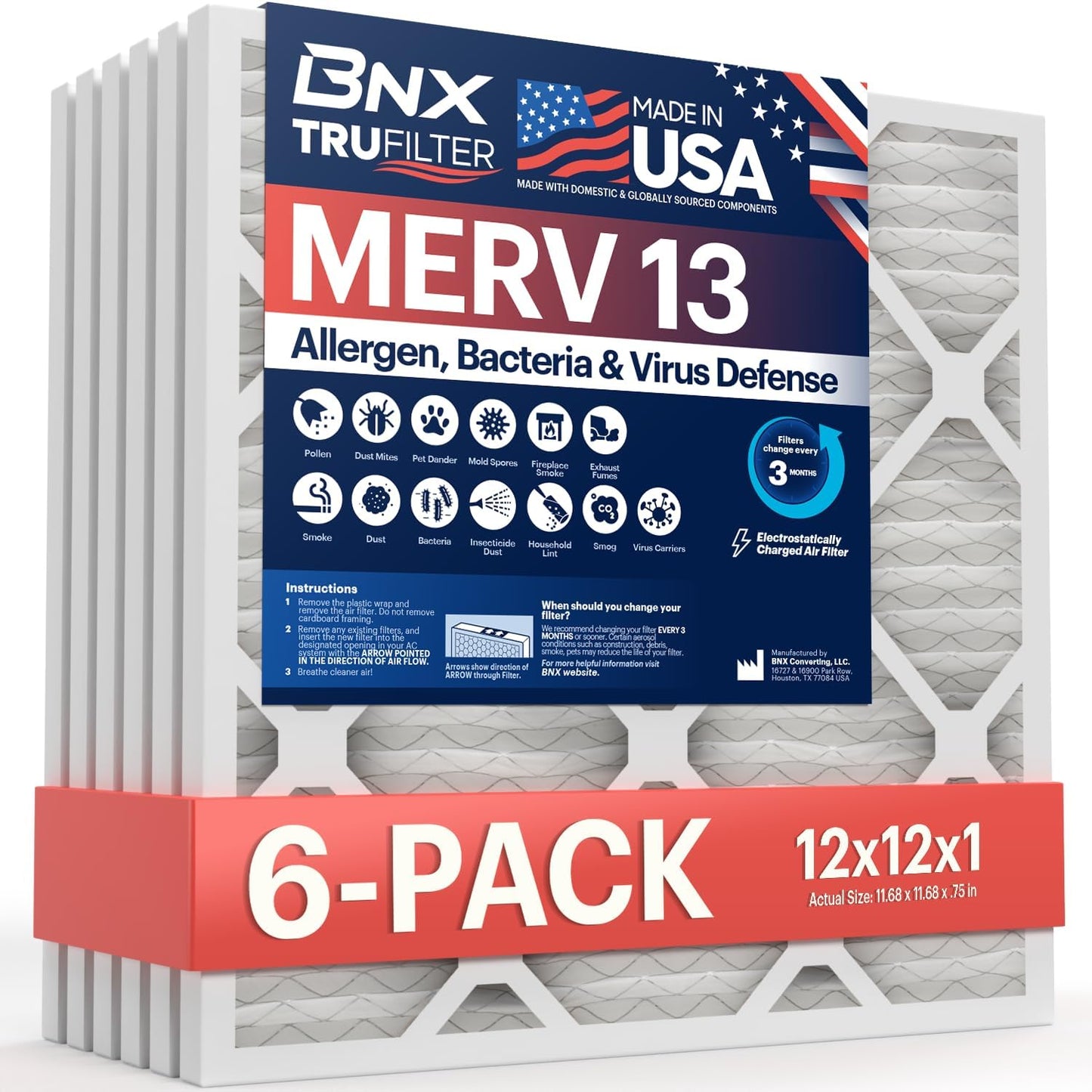 BNX TruFilter 12x12x1 Air Filter MERV 13 (6-Pack) - MADE IN USA - Electrostatic Pleated Air Conditioner HVAC AC Furnace Filters for Allergies, Pollen, Mold, Bacteria, Smoke, Allergen, MPR 1900 FPR 10