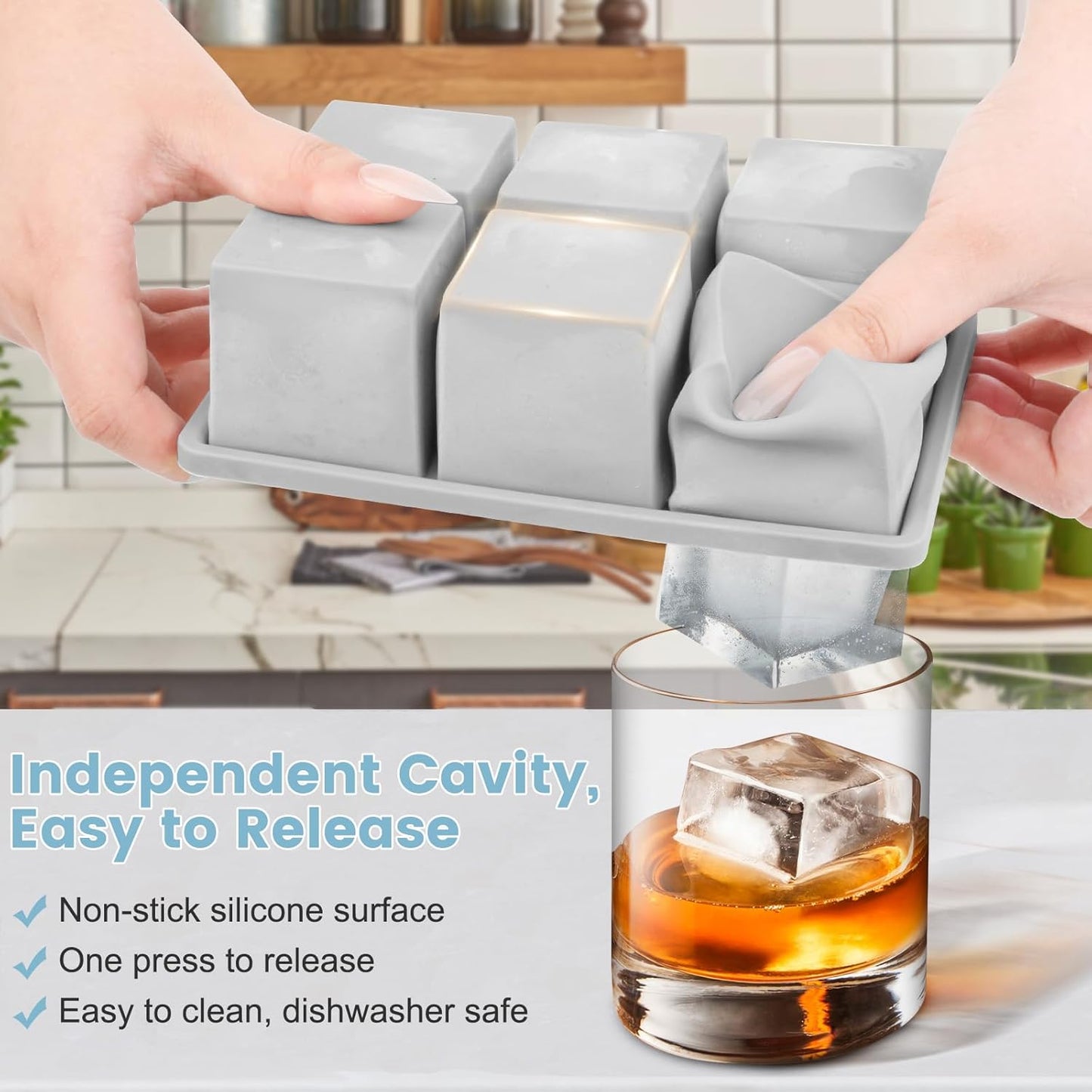 Large Silicone Ice Cube Tray 2Pack, SAWNZC Big Square Ice Cube Molds for Whisky Cocktail, Ice Maker Tray with Lid for Freezer, Easy Release (2, Grey)