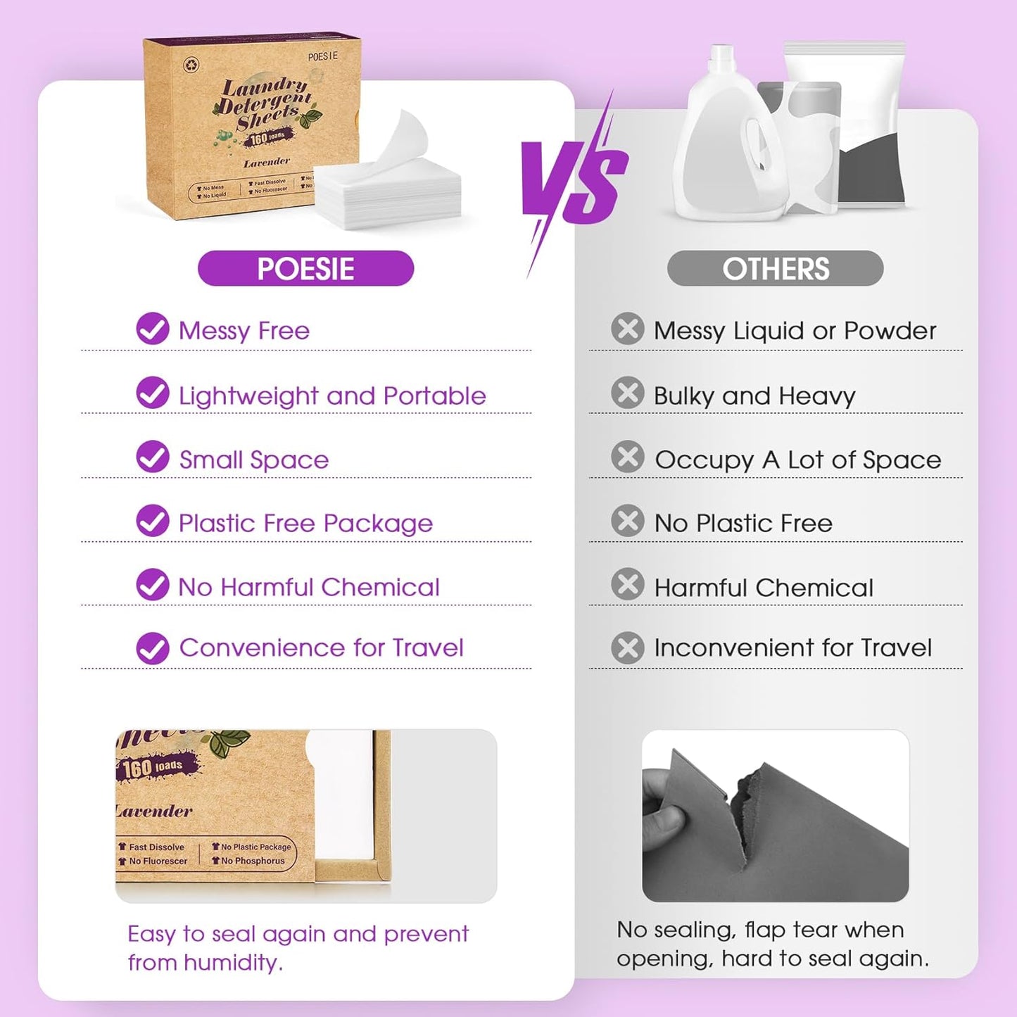 Poesie Laundry Detergent Sheets Lavender Scent 160 Count Soap Sheets Non-Plastic Hypoallergenic Portable Liquidless HE Washing Detergent Strips for Save Place Traveling No Waste