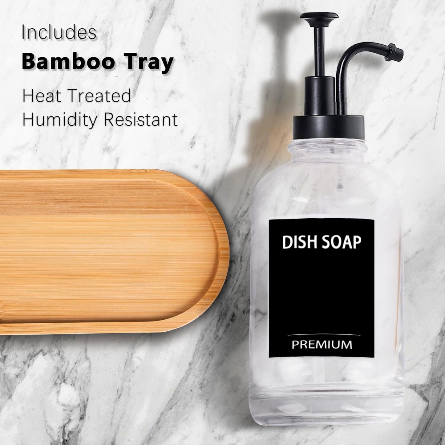 Dish Soap Dispenser for Kitchen, Hand Glass Soap Dispenser Set with Pump, Tray, Funnel for Bathroom, Shower, Laundry, Liquid, Lotion (Black 2 Pack 18 Oz Clear Bottles with 12 Stickers)