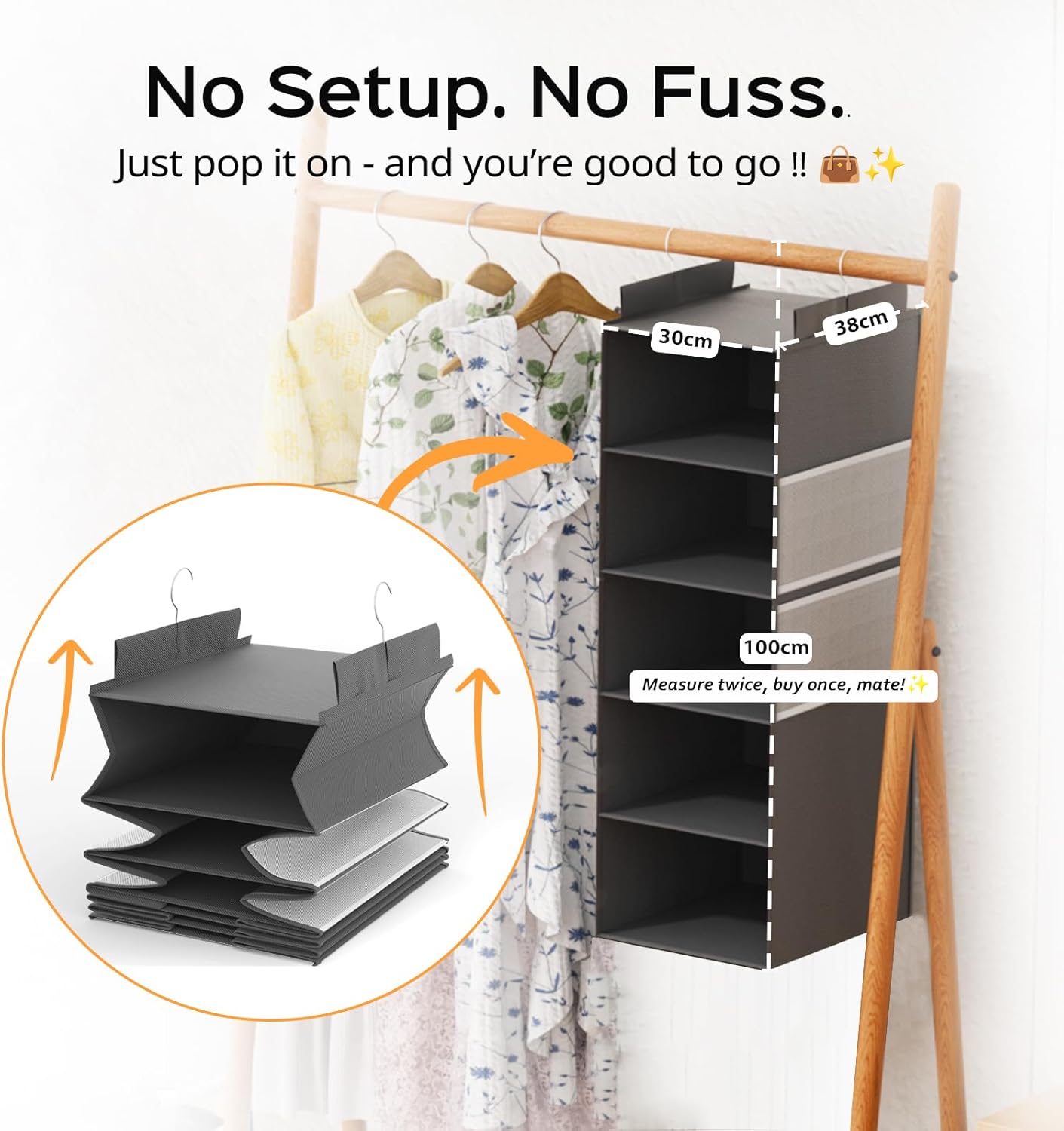 Deep Hanging Closet Organizers and Storage, Closet Hanging Storage Shelves with 5 Shelves and 4 Mesh Pockets, Heavy-Duty Closet Organizer for Clothes, Hats, and RVs and Dorm Essential,1-Pack, Grey