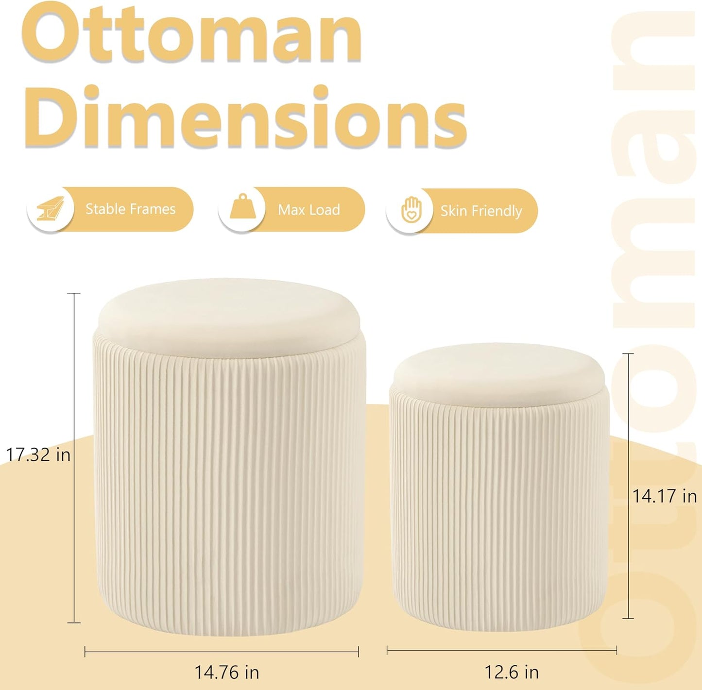 Round Ottoman with Storage Set of 2,Vanity Stool with Storage for Bedroom, Ottoman Coffee Table,Small Velvet Foot Stool for Living Room, Beige