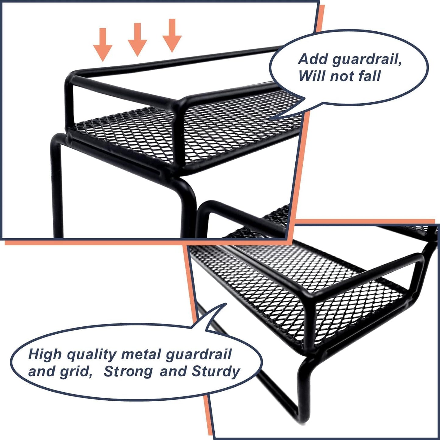 Spice Rack Organizer for Cabinet, 4 Tier Seasoning Organizer, Expandable Shelf,Step Storage Holder, Kitchen Cabinet Countertop,with Protection Railing, Metal (Black,4 Tier,2Pack)