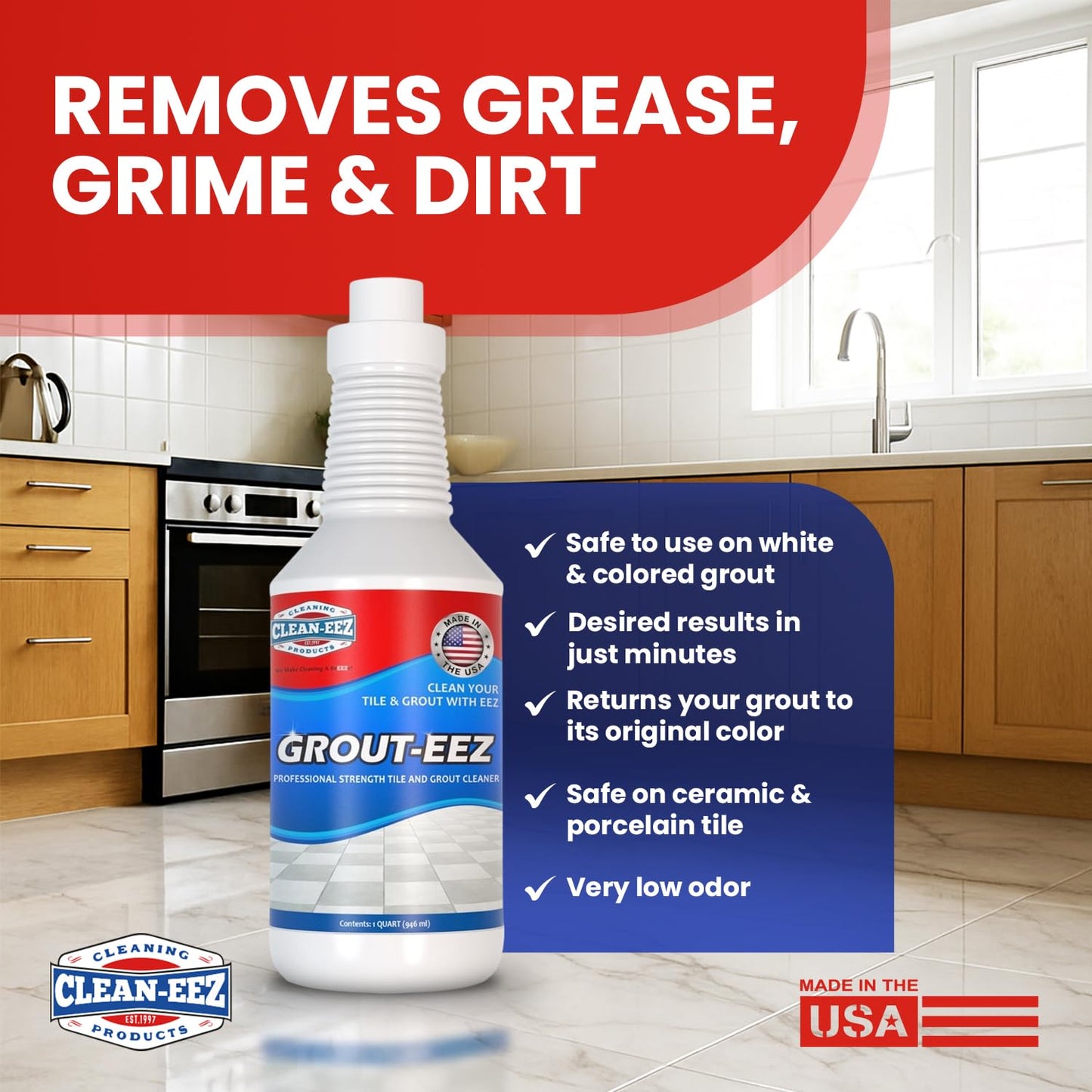 Clean-eez Grout-eez Super Heavy-Duty Grout Cleaner - Powerful Tile and Floor Stain Remover for Bathroom, Kitchen, and More - 32 oz.
