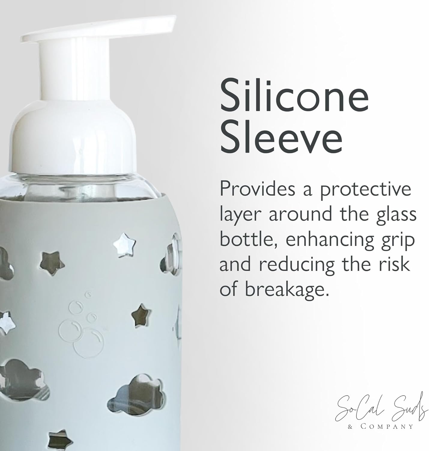 SoCal Suds & Company Glass Foaming Hand Soap Dispenser, Soft Grip Silicone Sleeve, Refillable Pump Bottle for Kids, Baby Wash & Shampoo, Ideal for Home Use, Light Grey 8oz