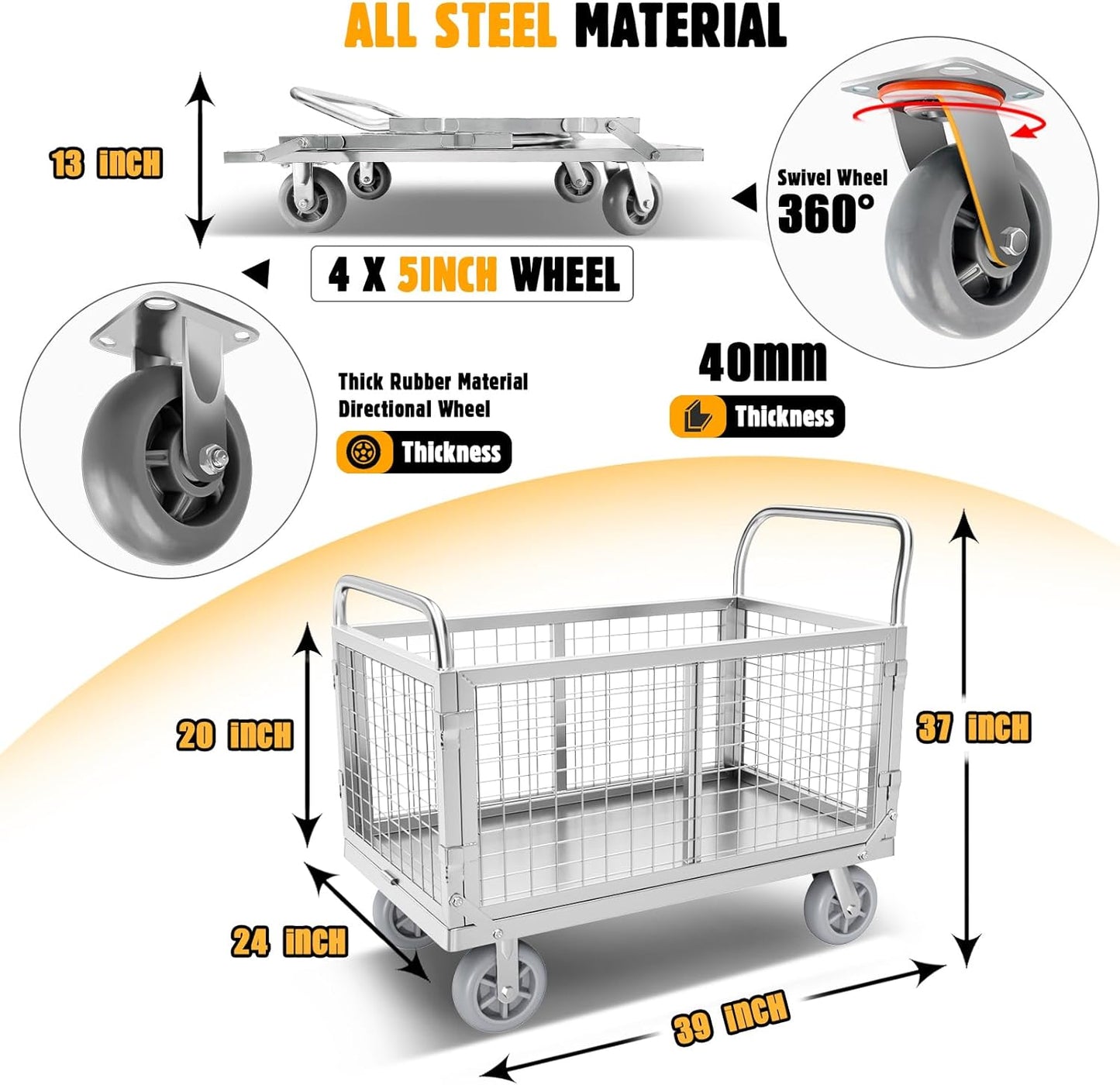 Platform Truck Cart with Cage, 6 in1 Foldable Flatbed Cart Heavy Duty Push Cart Dolly W/Swivel Wheels 1800lbs Capacity Multipurpose Hand Cart for Grocery/Laundry/Stall/Storage