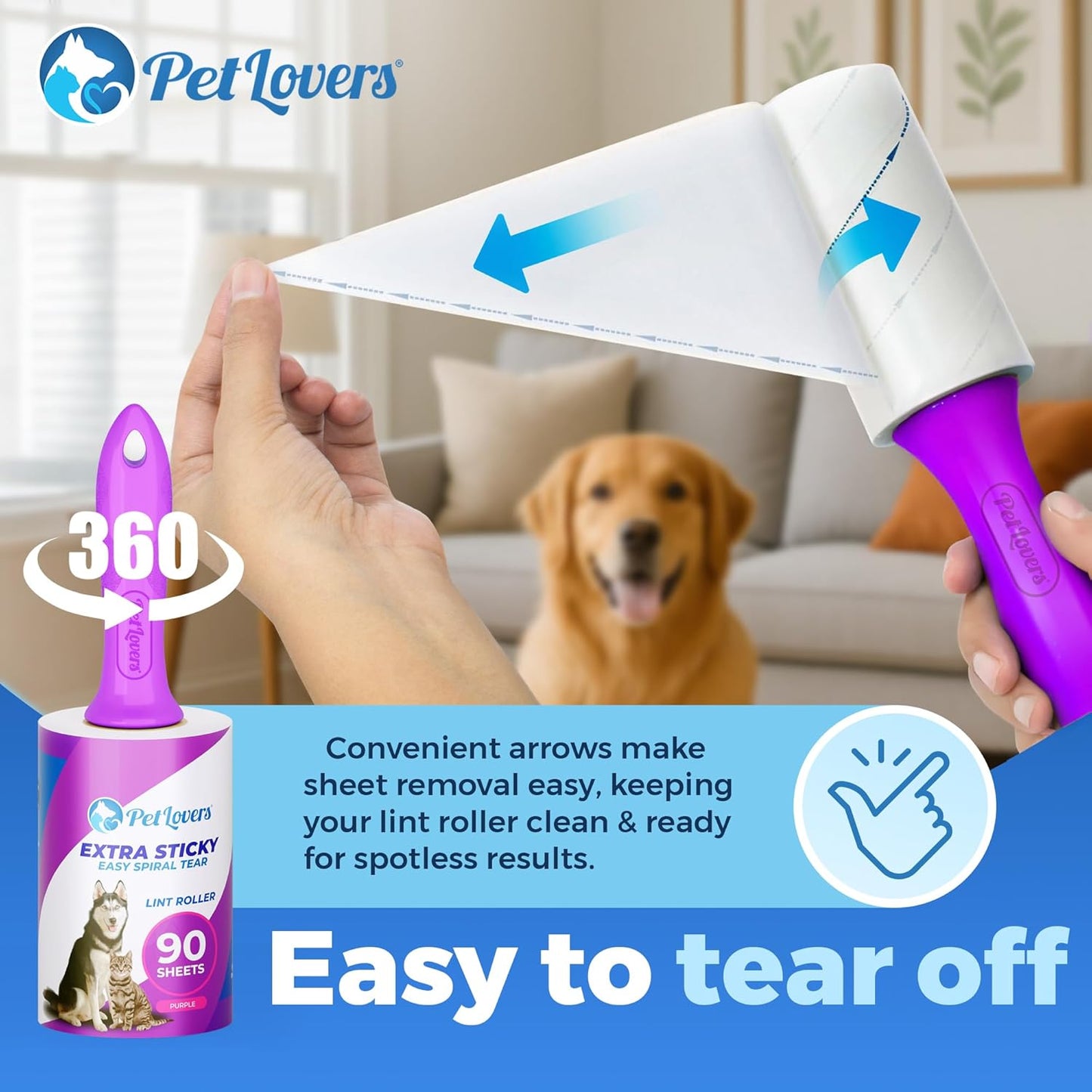 PetLovers Extra Sticky Lint Roller Mega Value Set 450 Sheets for Pet Hair Removal and Clothes, Dog and Cat Lint Remover 5 Pack Purple