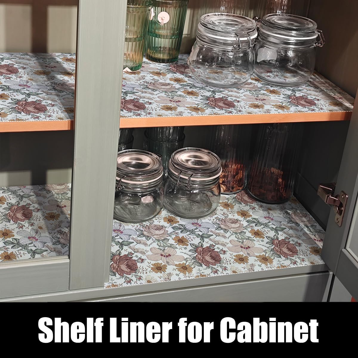 Floral Drawer Shelf Liners, 12IN x 20FT Non Adhesive and Strong Non-Slip Cabinet Drawer Shelf Liners for Kitchen Wire Fridge, Waterproof Shelf Liner,Easy to Clean
