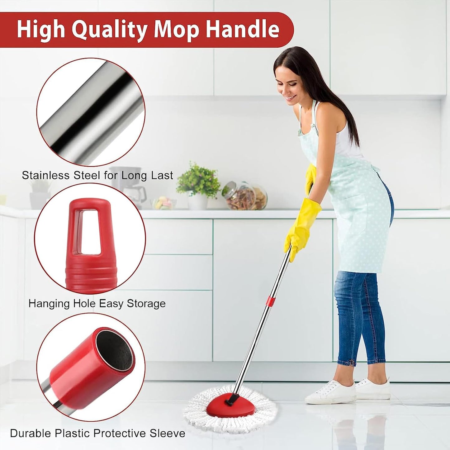 2 Spin Mop Head Replacement, 1 Base, 1 Mop Handle (30-58in) Combo Mops Set Compatible with OCedar EasyWring RinseClean Microfiber Mops (White (1-Tank System))
