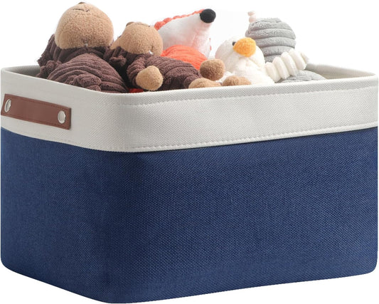 DULLEMELO Fabric Storage Basket for Closets,15x11x9.5 inch Foldable Storage Basket Bin with Handles for Office, Closet,Bedroom (White&Blue,1 Pack)