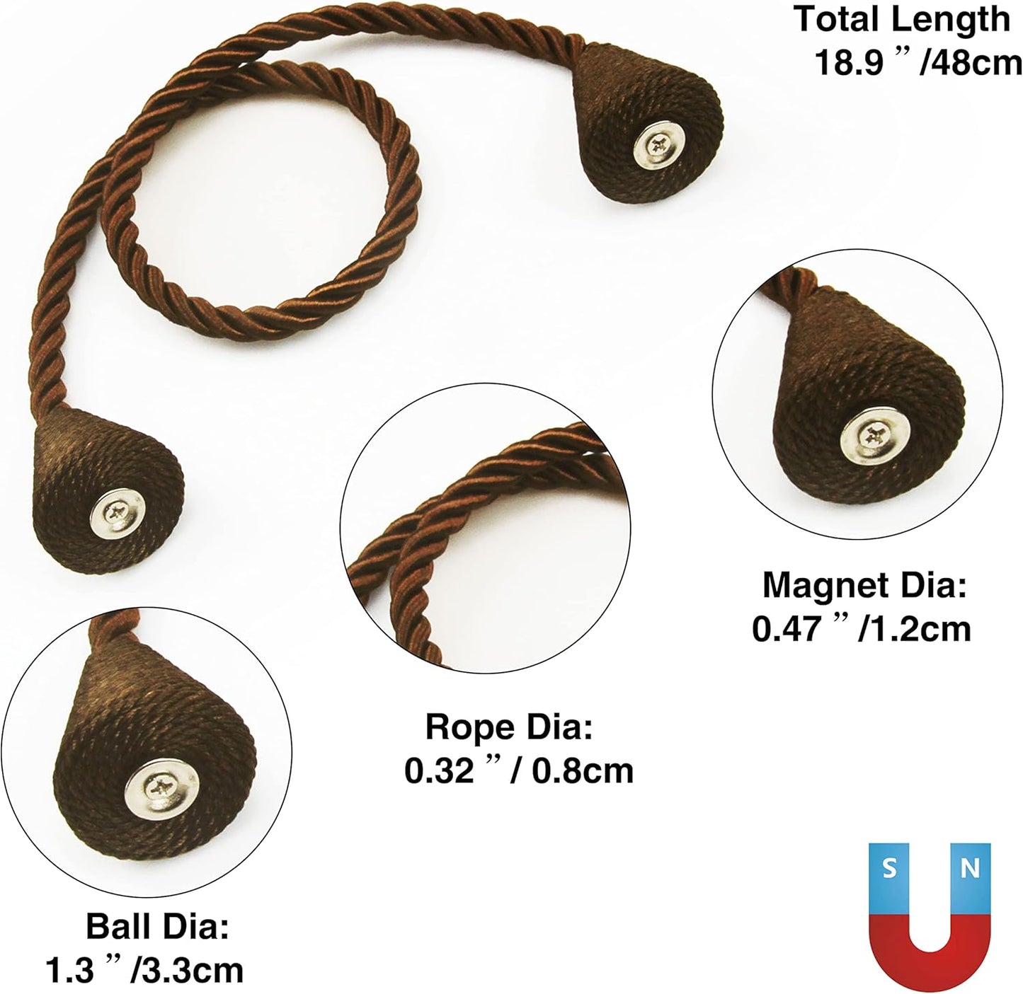 6 Pack Magnetic Curtain Tiebacks Rope Modern Handmade Curtain Tie Backs Decorative Drapes Weave Holdbacks for Window Décor, Coffee