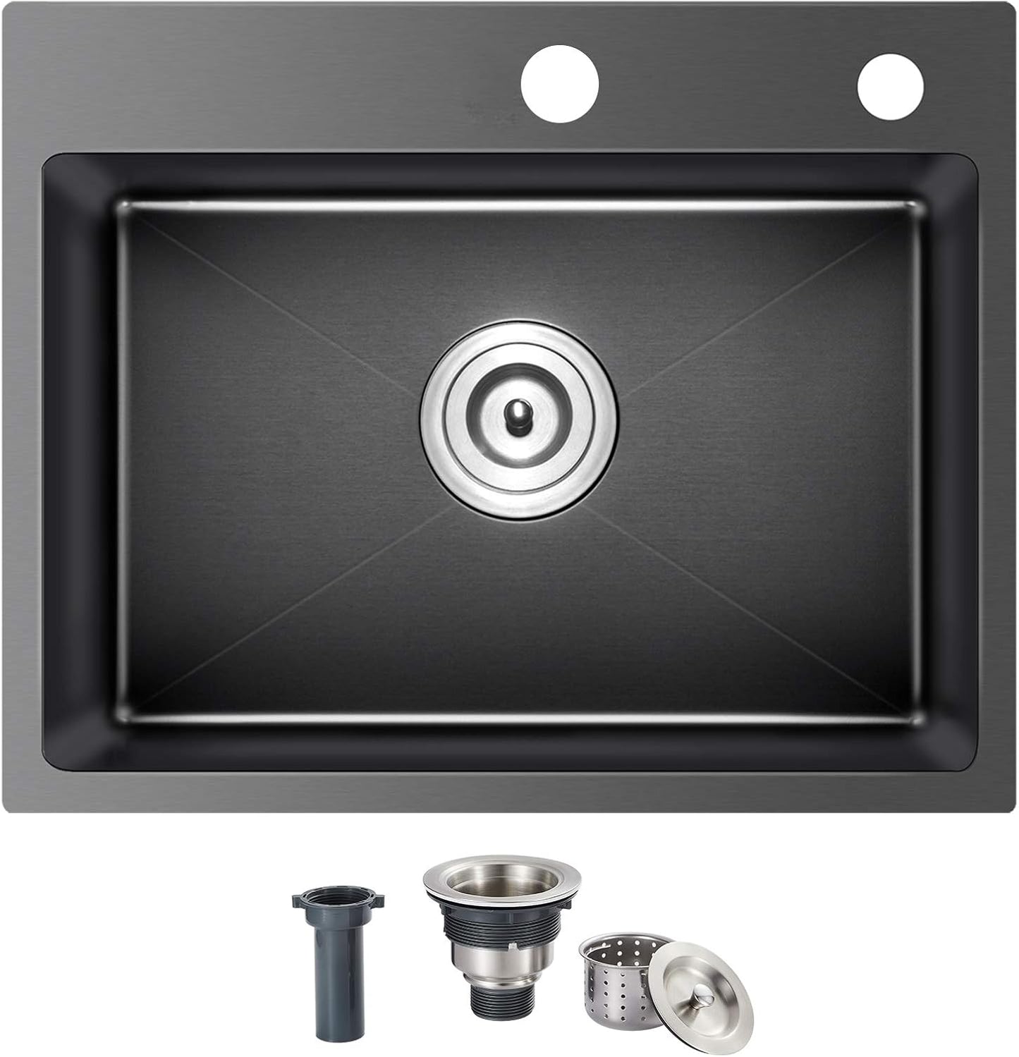 24x18x9 Inch Kitchen Sink, Handmade 304 Black Stainless Steel Single Bowl, 2-Hole Drop In Installation, R10 Tight Corner, for Modern Kitchen/RV/Outdoor Sink