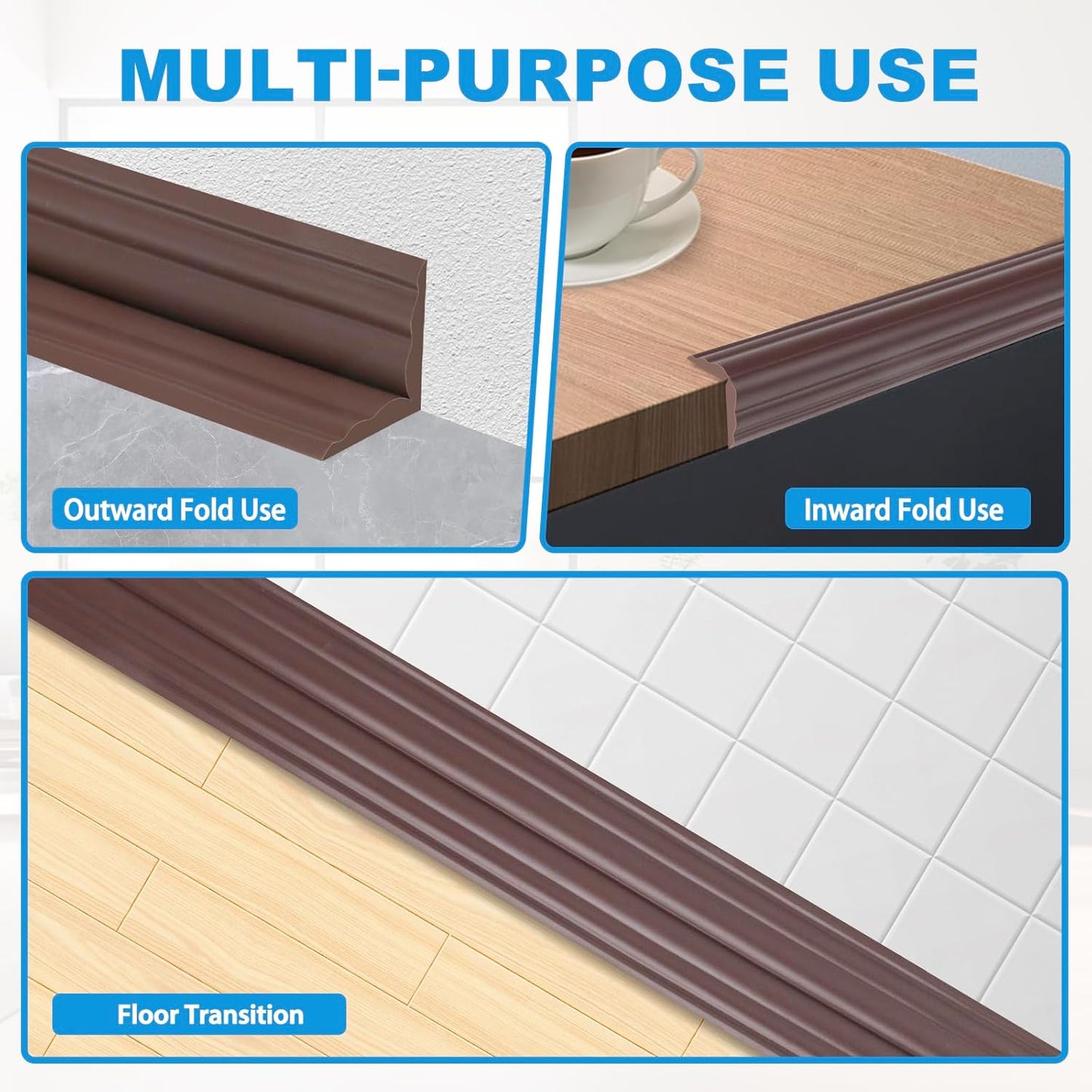 Wall Corner Protector Peel and Stick Corner Trim Molding Flexible Inside & Outside Wall Edge Guard Self Adhesive Moulding Trim for Edge Use, Brown, 1.6” W x 10’ L