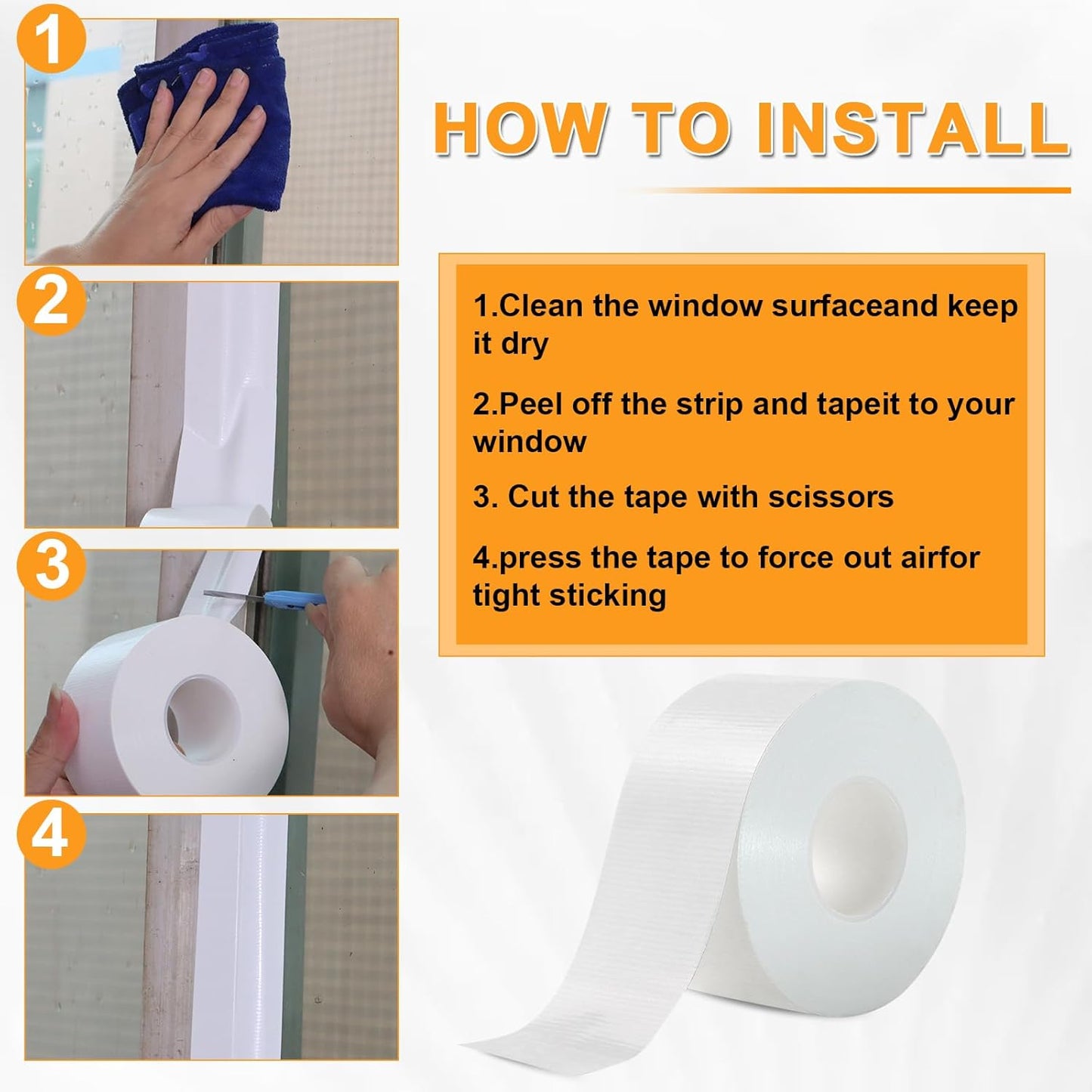 Window Weather Sealing Tape 2 Inch x 90 FT Weather Stripping Residue-Free Window Seal Insulation Tape for Doors Windows and Shower Glass Gaps White