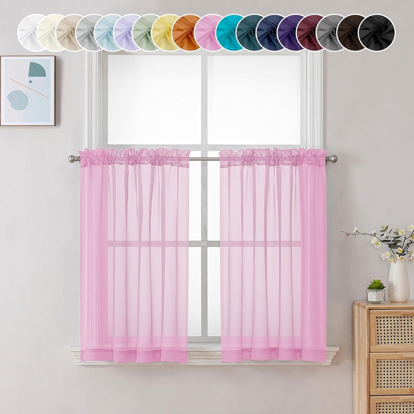 Chyhomenyc Sheer Pink Tier Curtains 24 Inch Length, Small Window Curtains Treatment for Bathroom Living Room Basement, Short Rod Pocket Cafe Curtain, 42W x 24L Inches, 2 Panels