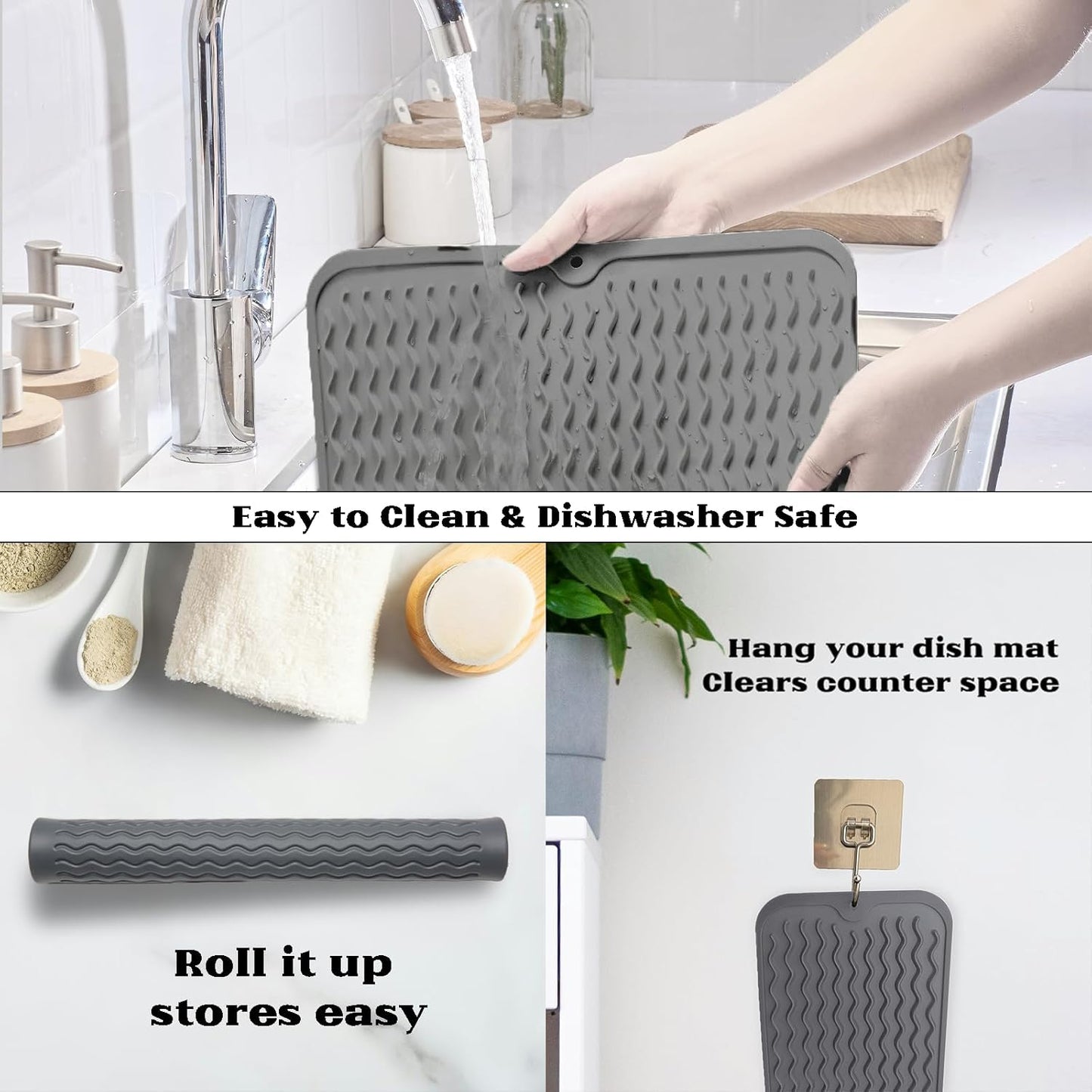 ZLR Silicone Dish Drying Mat for Kitchen Counter, Eco-Friendly Fast Dry Dish Mat, Easy Clean Multi Usage Drying Matt, Heat Resistant Trivet, 12" x 16" Large, Dark Gray
