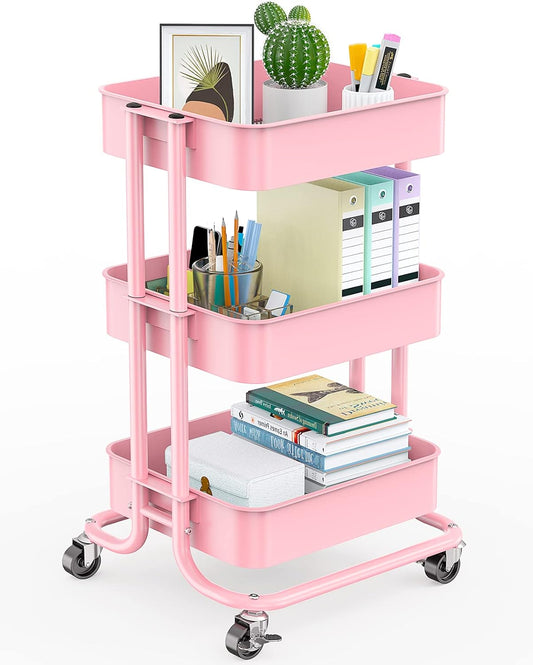 Pipishell 3-Tier Metal Rolling Utility Cart, Heavy-Duty Storage Cart with 2 Lockable Wheels, Multifunctional Mesh Organization Cart for Kitchen Dining Room Living Room (Pink)