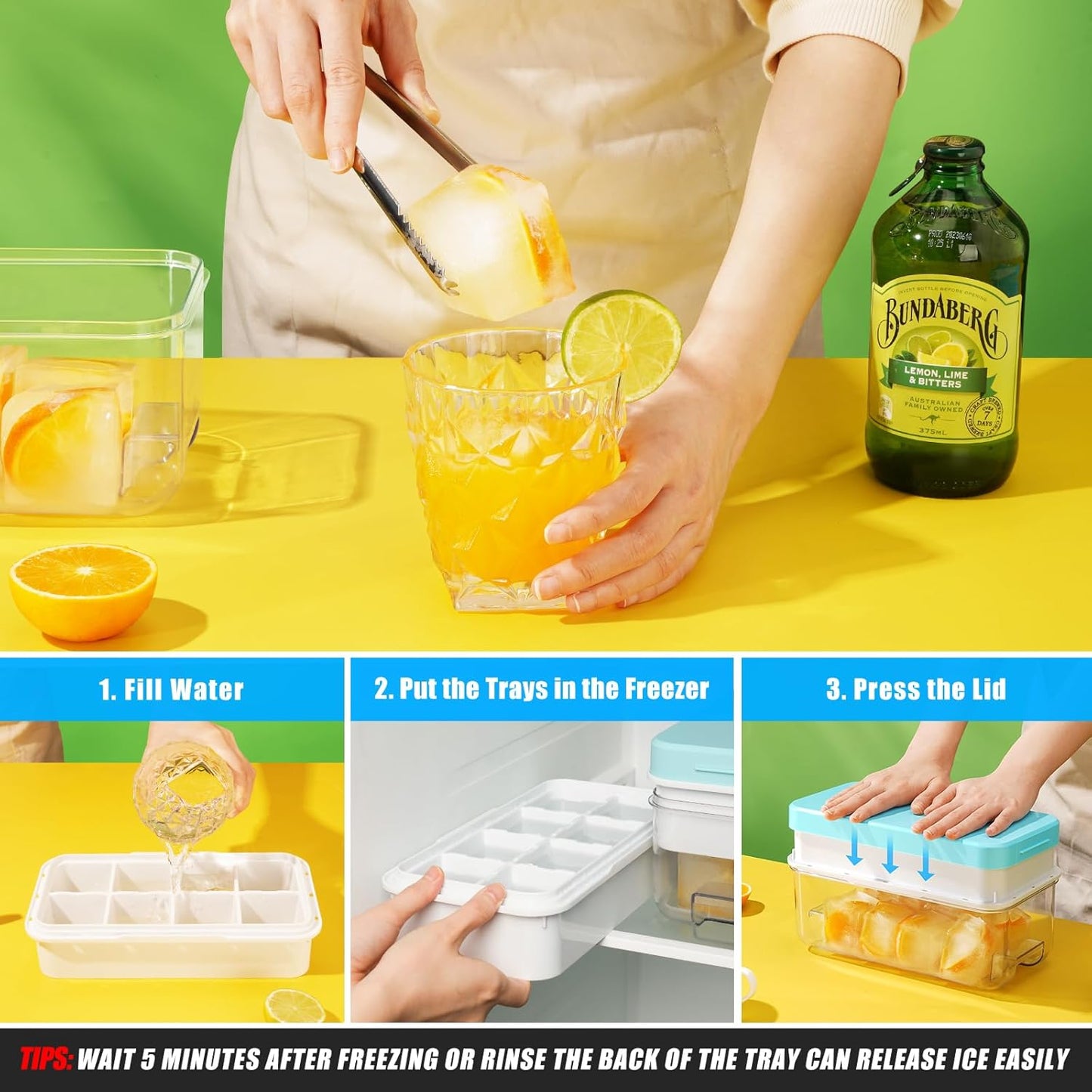 PHINOX Large Ice Cube Tray with Lid and Bin, Ice Trays for Freezer, 2 INCH Whiskey Ice Cubes Mold, 2*8 pcs Square Ice Cube Mold with Tong, Easy to Release, Large Ice Tray for Whiskey Cocktail Bourbon