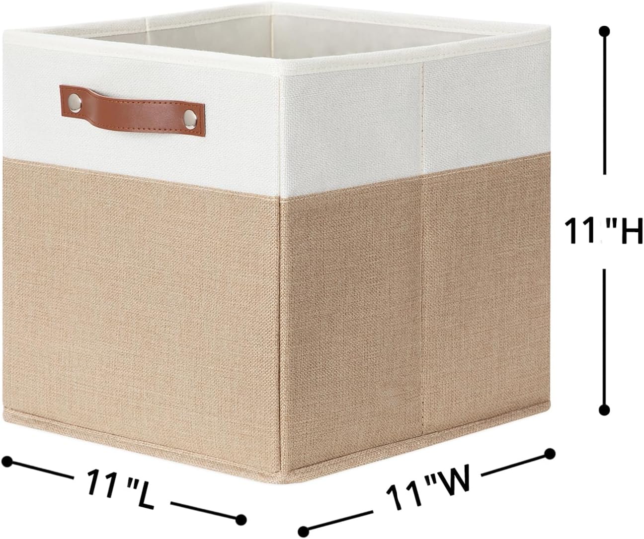 HNZIGE Fabric Storage Baskets Cubes Bins for Shelves, 11 x11 Foldable Storage Bins, Decorative Storage Basket with Leather Handles for Storage Clothes Home Nursery(White Beige-4Pack)