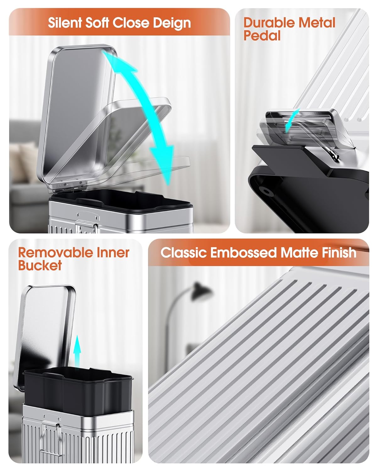 Small Trash Can with Lid Soft Close-10L/2.6 Gal Stainless Steel Outdoor Dog Poop Garbage Can-Metal Waste Bins with Pedal for Bathroom Bedroom Office-Silver