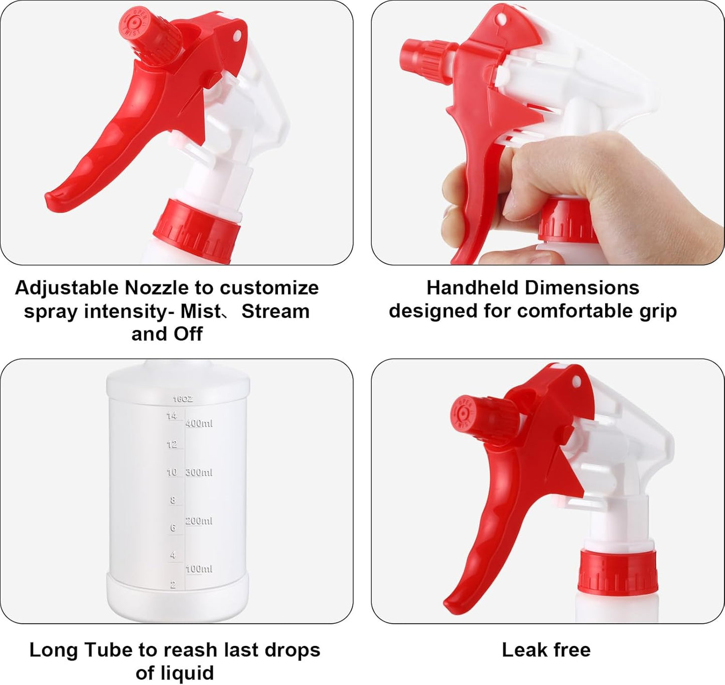 Eccliy 12 Pcs 16 Oz Plastic Spray Bottle, Adjustable Empty Reusable Sprayer for Cleaning, Planting, Water, Bathroom and Kitchen, BBQ, Commercial and Residential(Red & White,Measurement)