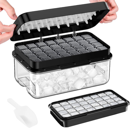 Ice Cube Tray with Lid and Bin, 32 pcs Ice Trays, Easy to Release Ice Trays for Freezer, Ice Cube Tray Mold, with 1 tray, Ice Freezer Container for Whiskey, Cocktail, Black