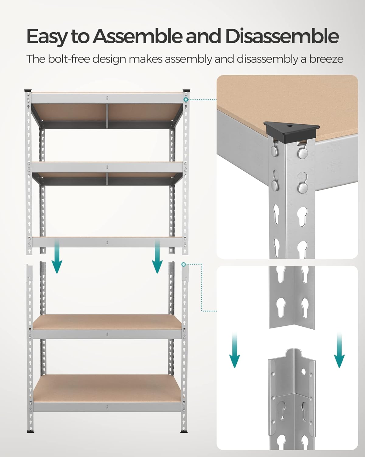 SONGMICS 5-Tier Storage Shelves, Load 2310 lb, Set of 2 Garage Storage, Boltless Assembly, Adjustable Shelving Unit, 17.7 x 35.4 x 70.9 Inches, for Study Shed Basement, Silver UGLR450E02
