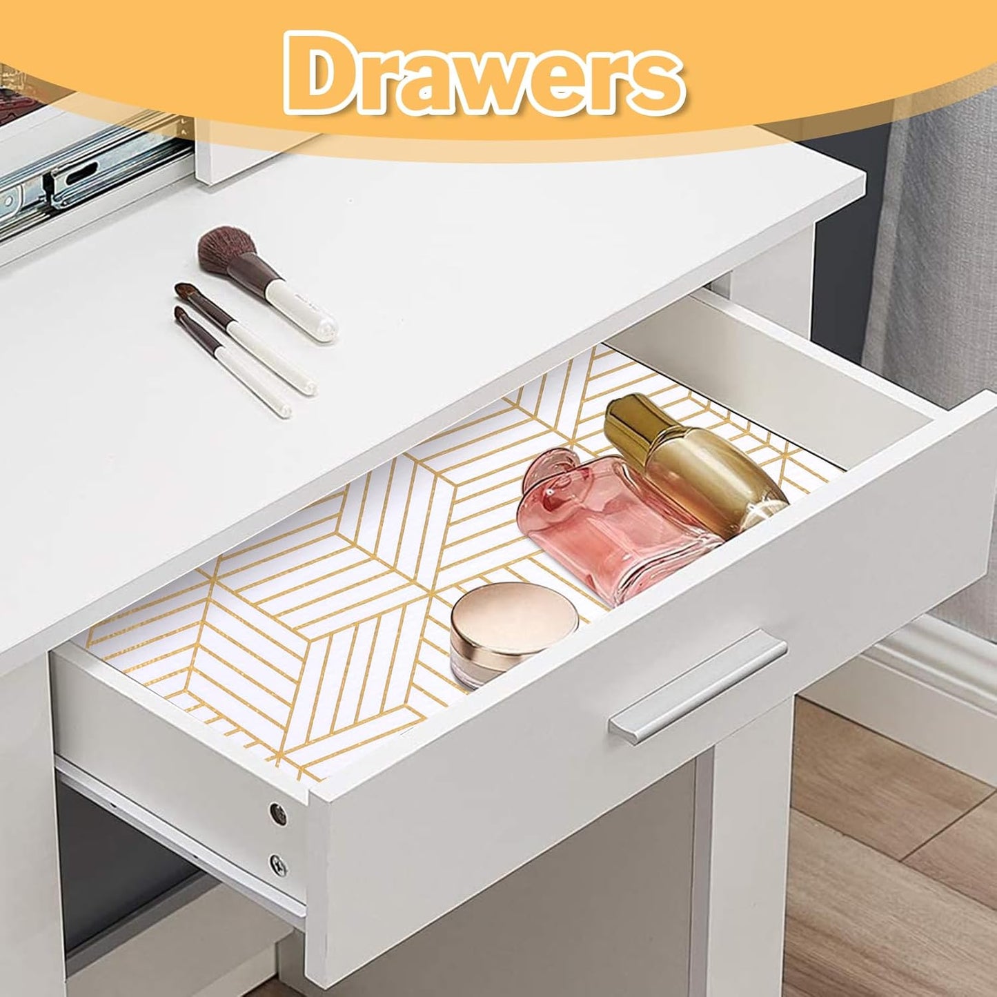 Shelf Liners for Kitchen Cabinets Non Adhesive Shelf Liner Paper Non-Slip Thickened Drawer Liner Easy to Clean for Tool Box Refrigerator with Knife and Tape Measure, Gold Geometric, 23.6 x 354.3 in