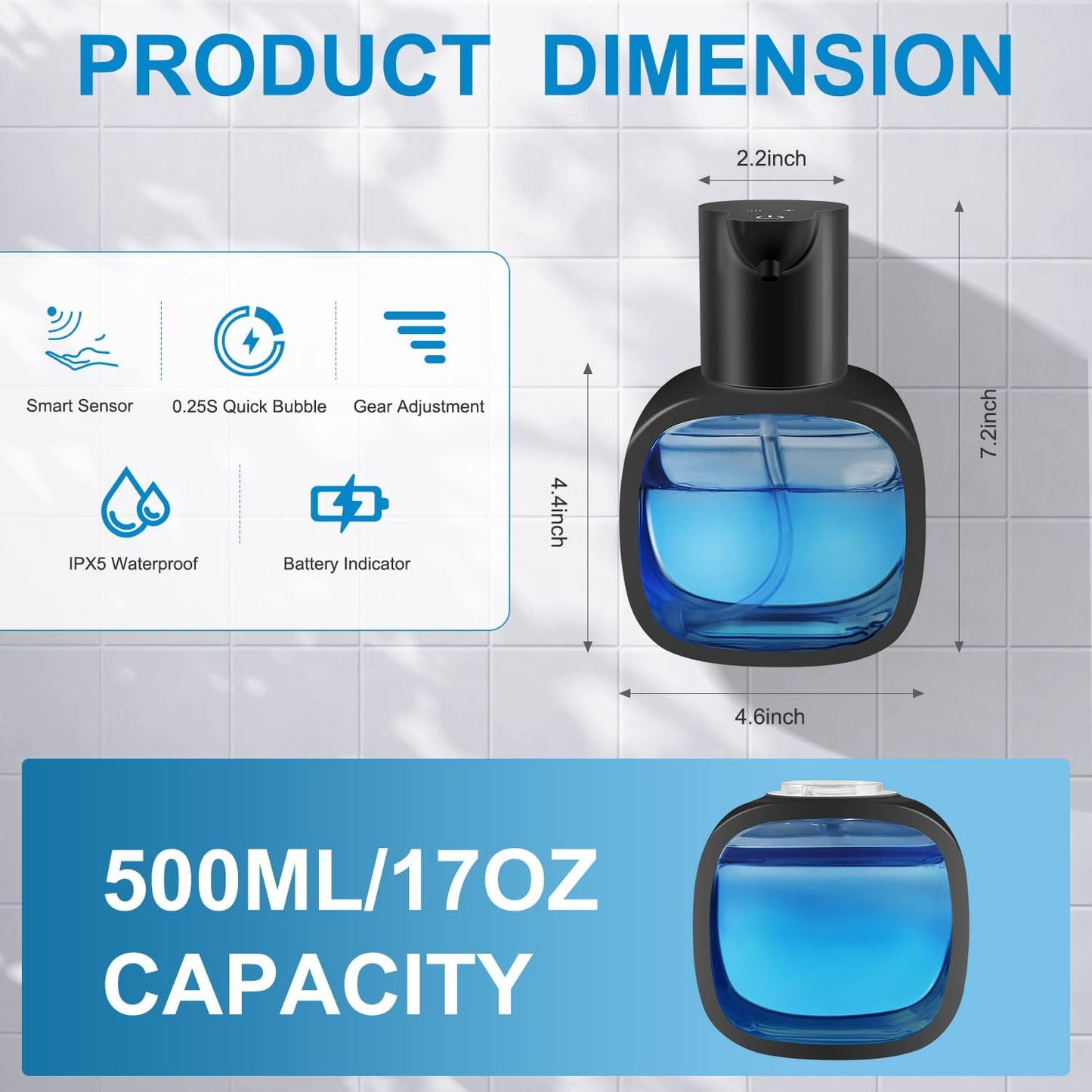 Automatic Foaming Soap Dispenser with 500ml/17oz Capacity, Touchless Soap Dispenser with 4 Level Adjustable, Rechargeable, Wall-Mounted, Waterproof for Kitchen, Bathroom, Hotel, Restaurant